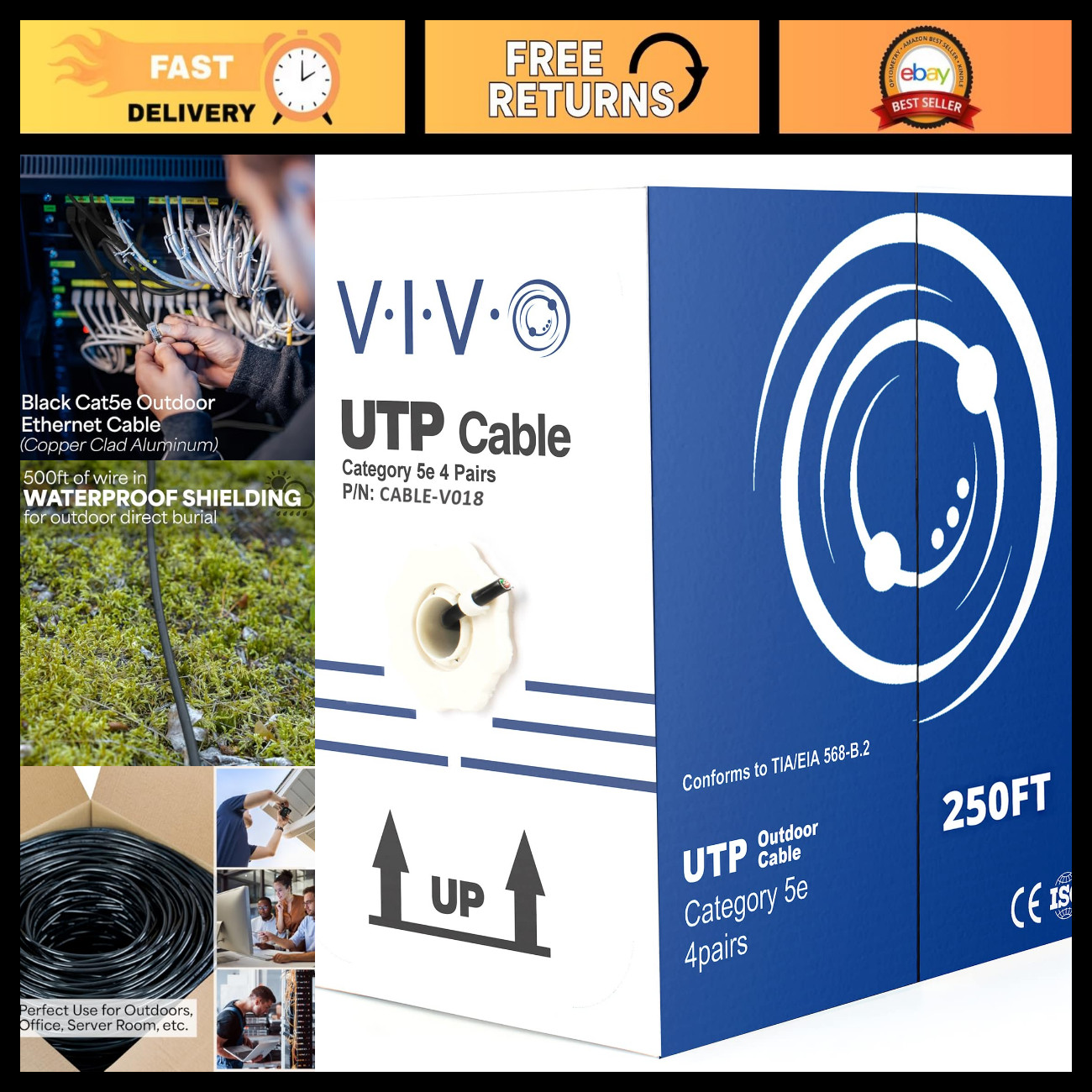 250ft Bulk Cat5e Ethernet Cable - High-Speed Network Wire, Black, 24AWG, 350MHz