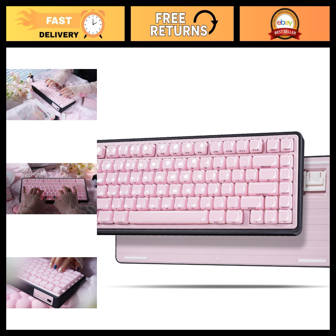 Wireless Mechanical Keyboard 75% Pink & Black, Hot-Swappable RGB, Jelly Cat-Ear