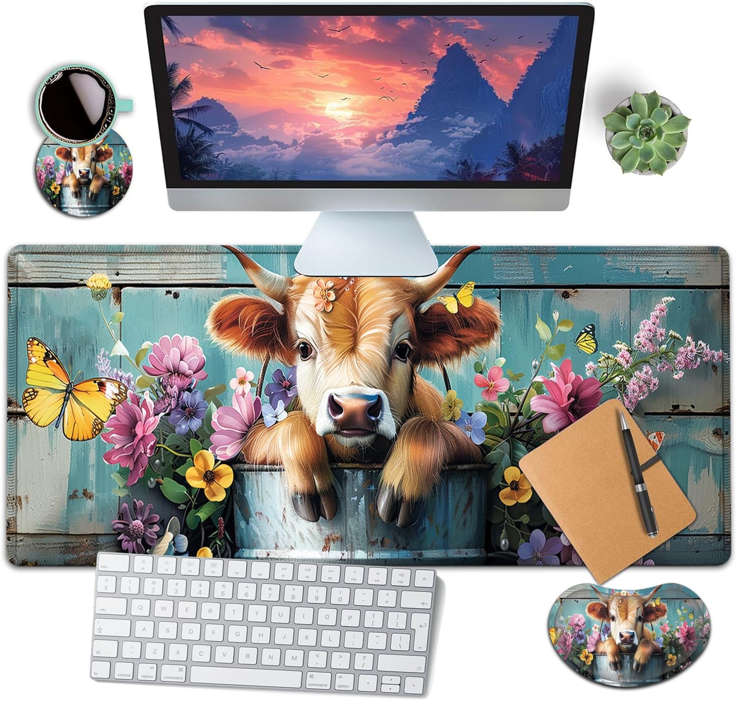 Large Mouse Pad Wrist Rest Cute Baby Cow Bucket Extended Mat 31.5x11.8 Inch