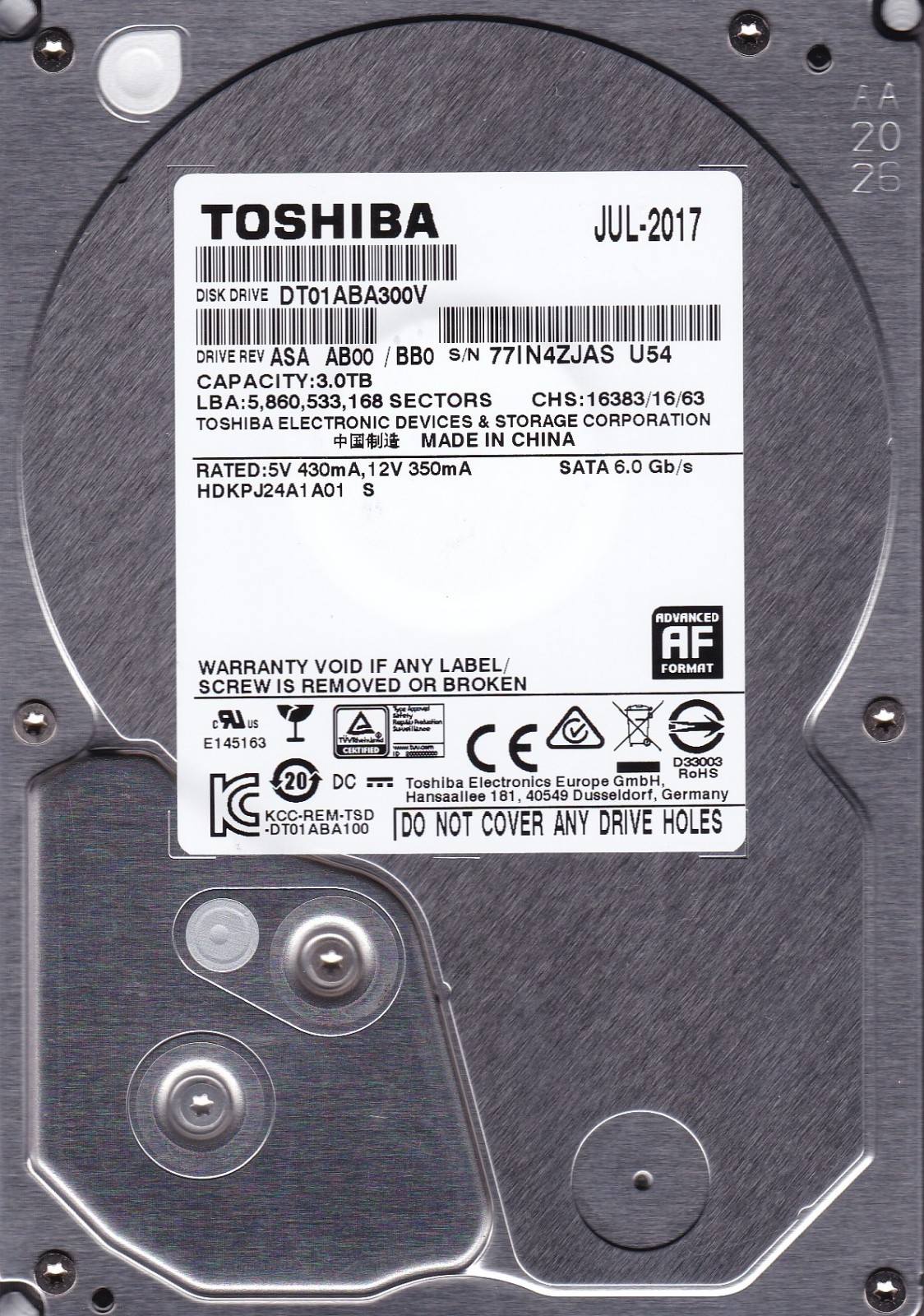 DT01ABA300V HDKPJ24A1A01 S Rev ASA AB00/BB0 MC4930 3TB SATA 3.5 JUL 2017 TOSHIBA