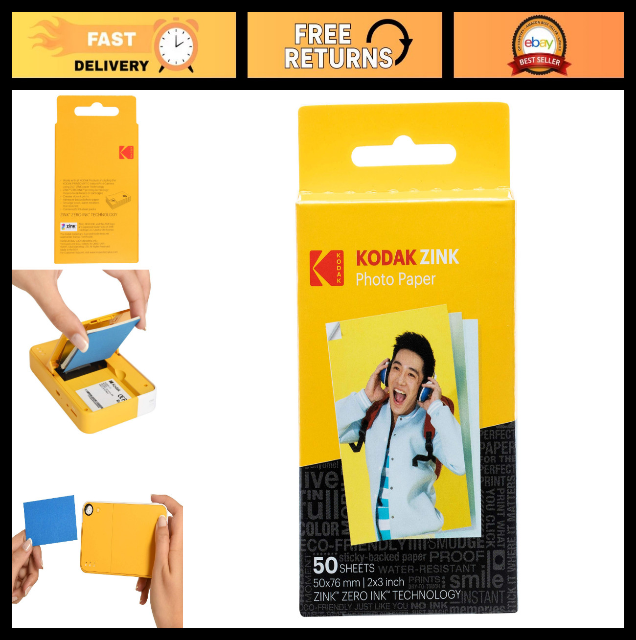 2x3 Premium Sticky-Backed ZINK Photo Paper - 50 Sheets for Instant Print Cameras