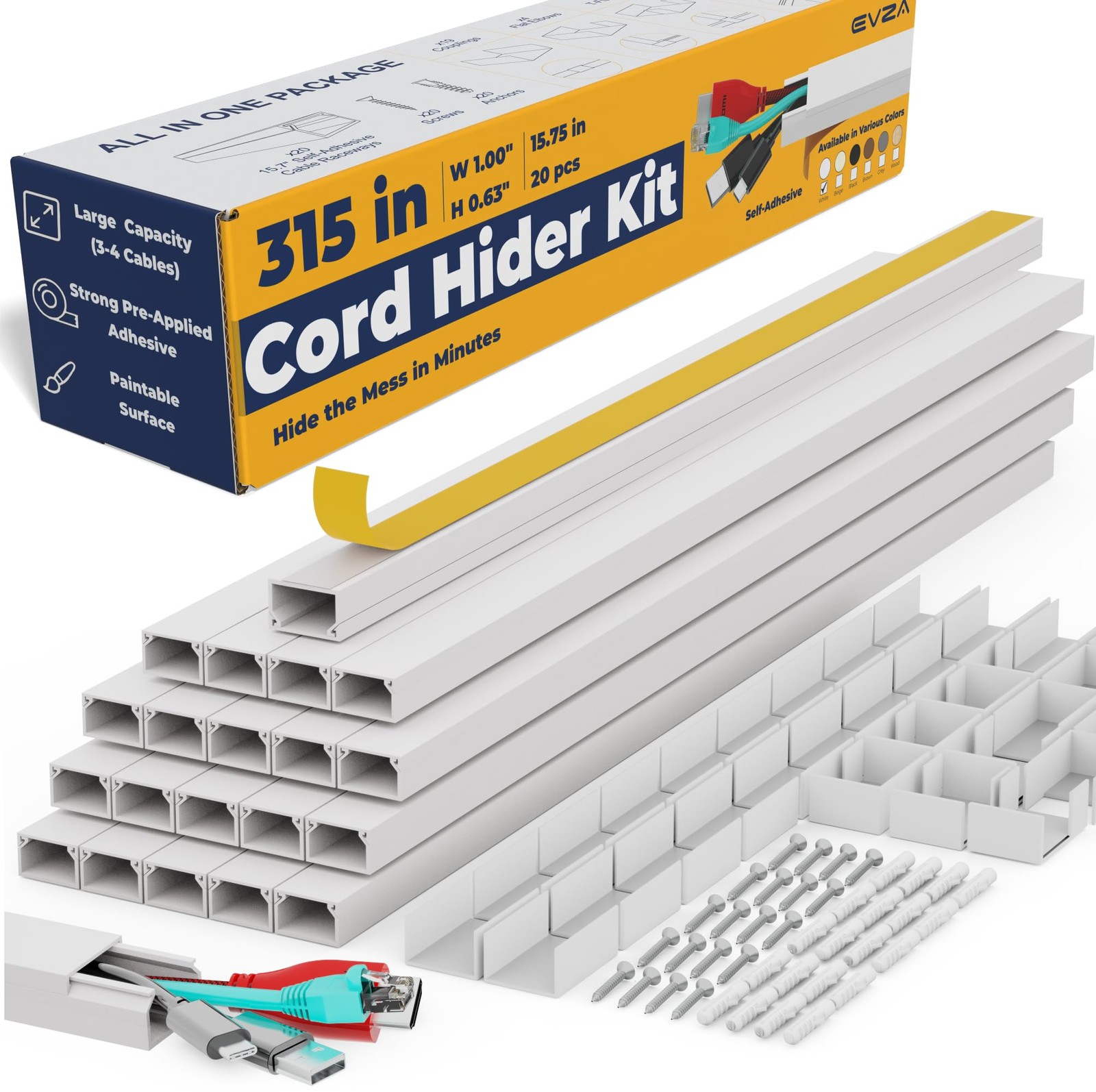 White Paintable Cord Hider Raceway Kit, 315" Total Length, PVC, Adhesive Mount