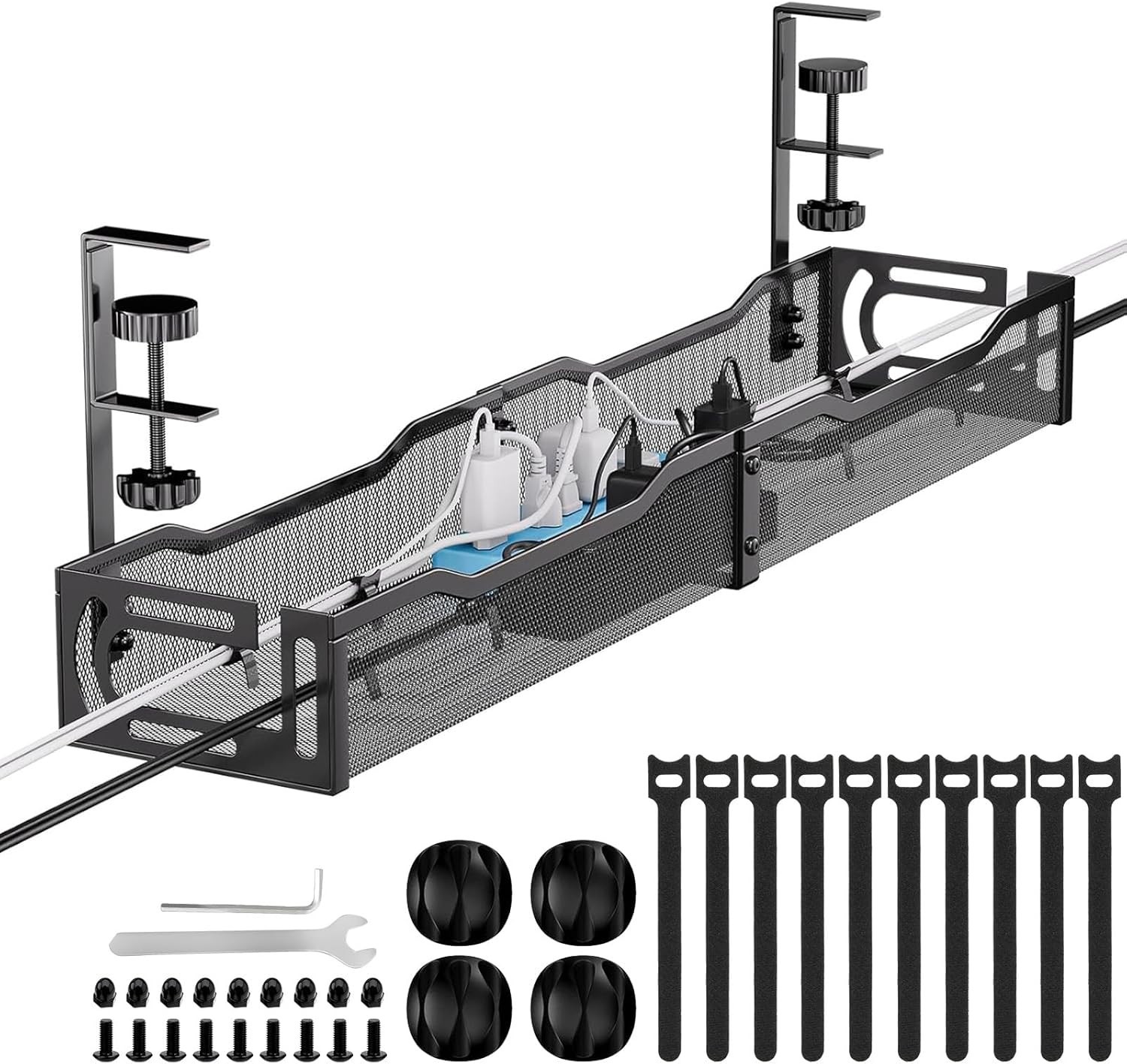 25IN under desk cable management tray metal wire cord organizer no drill mount