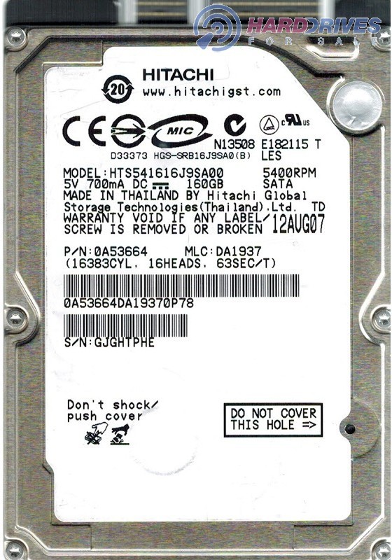 160GB Hitachi HTS541616J9SA00 Hard Drive 0A53664