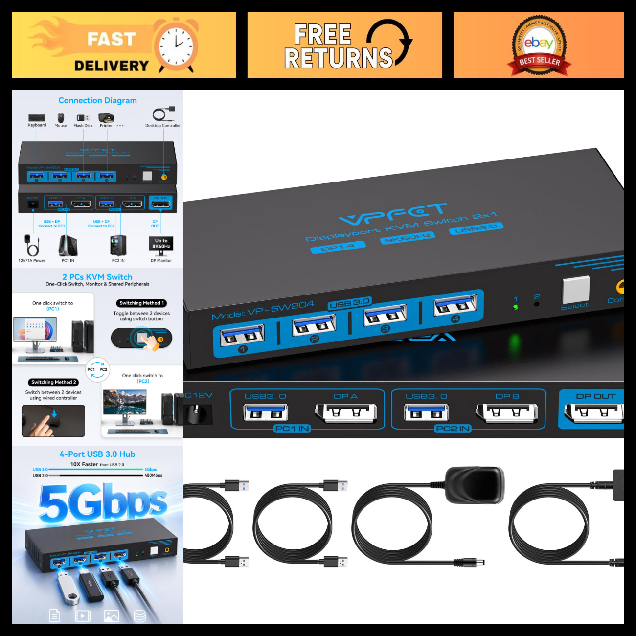 8K KVM Switch for 2 Computers, 1 Monitor, DisplayPort, 4K 120Hz Support