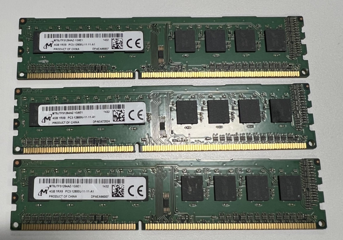 Lot of 3 Micron 4GB PC3-12800 (DDR3-1600) Memory - MT8JTF51264AZ-1G6E1