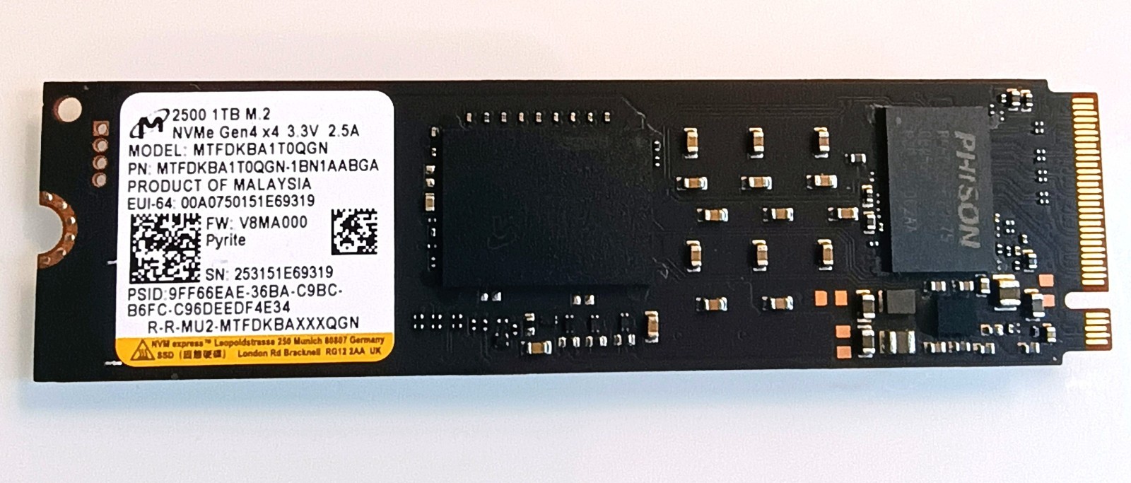 Micron 1TB SSD drive 2500 PCIe Gen4x4 M.2 2280 NVMe SSD Drive MTFDKBA1T0QGN-1BN1