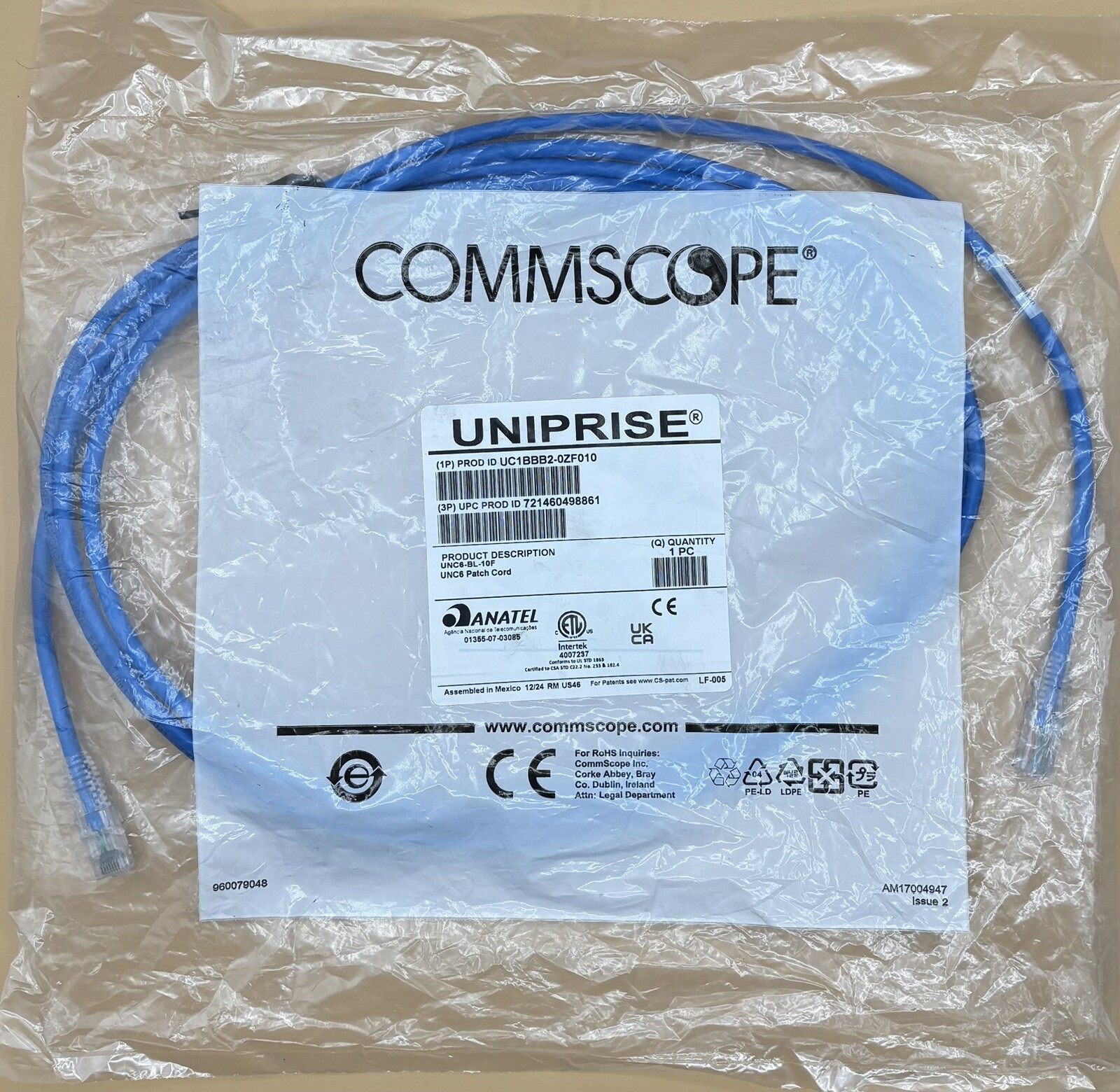 Commscope Uniprise CAT6 10ft Blue Patch Cords UNC6-BL-10F  CAT 6