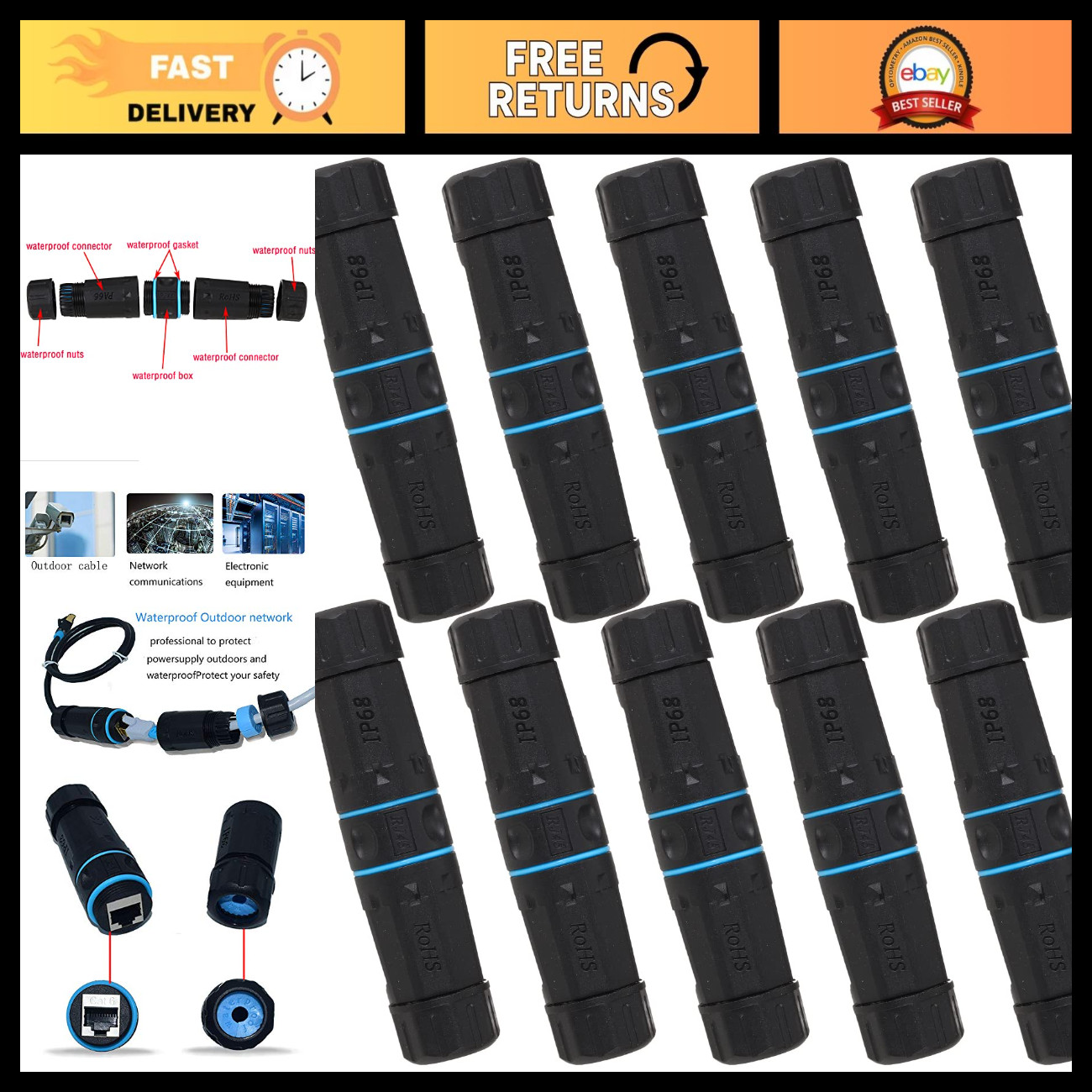 10PCS Waterproof RJ45 M23 IP68 CAT6 Double Head Shielded Ethernet Connectors