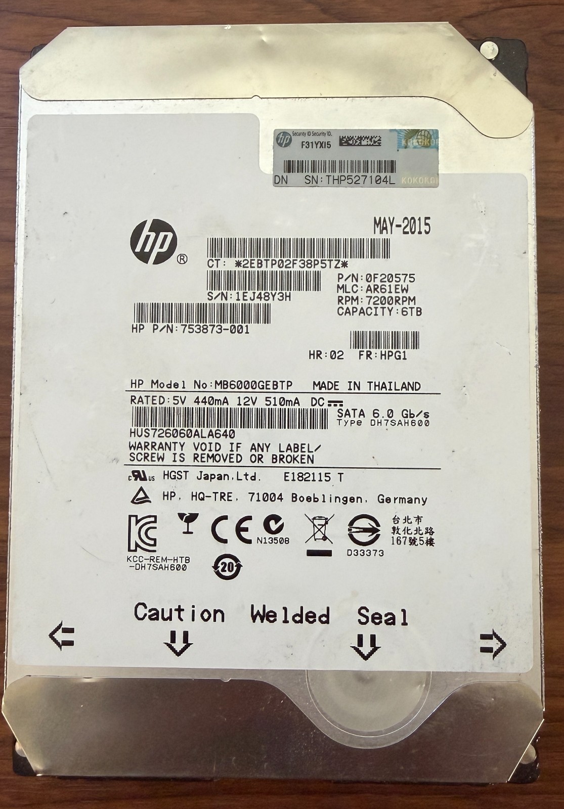 HP  HGST 6TB 35 SATA  MODEL HUS726060ALA640 HP PN 753873001 G2U