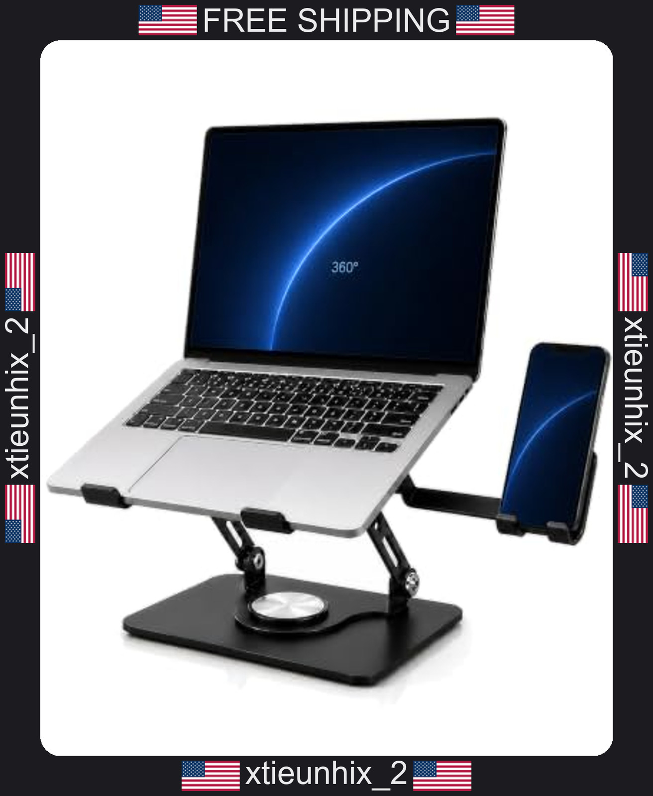 Laptop Stand with Phone Holder, 360° Swivel, Fits Up to 16 Inches
