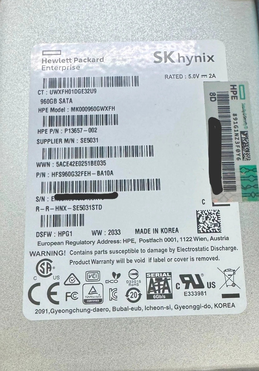 HPE SK Hynix MK000960GWXFH 960GB SATA 6G 2.5inch Hard Drive