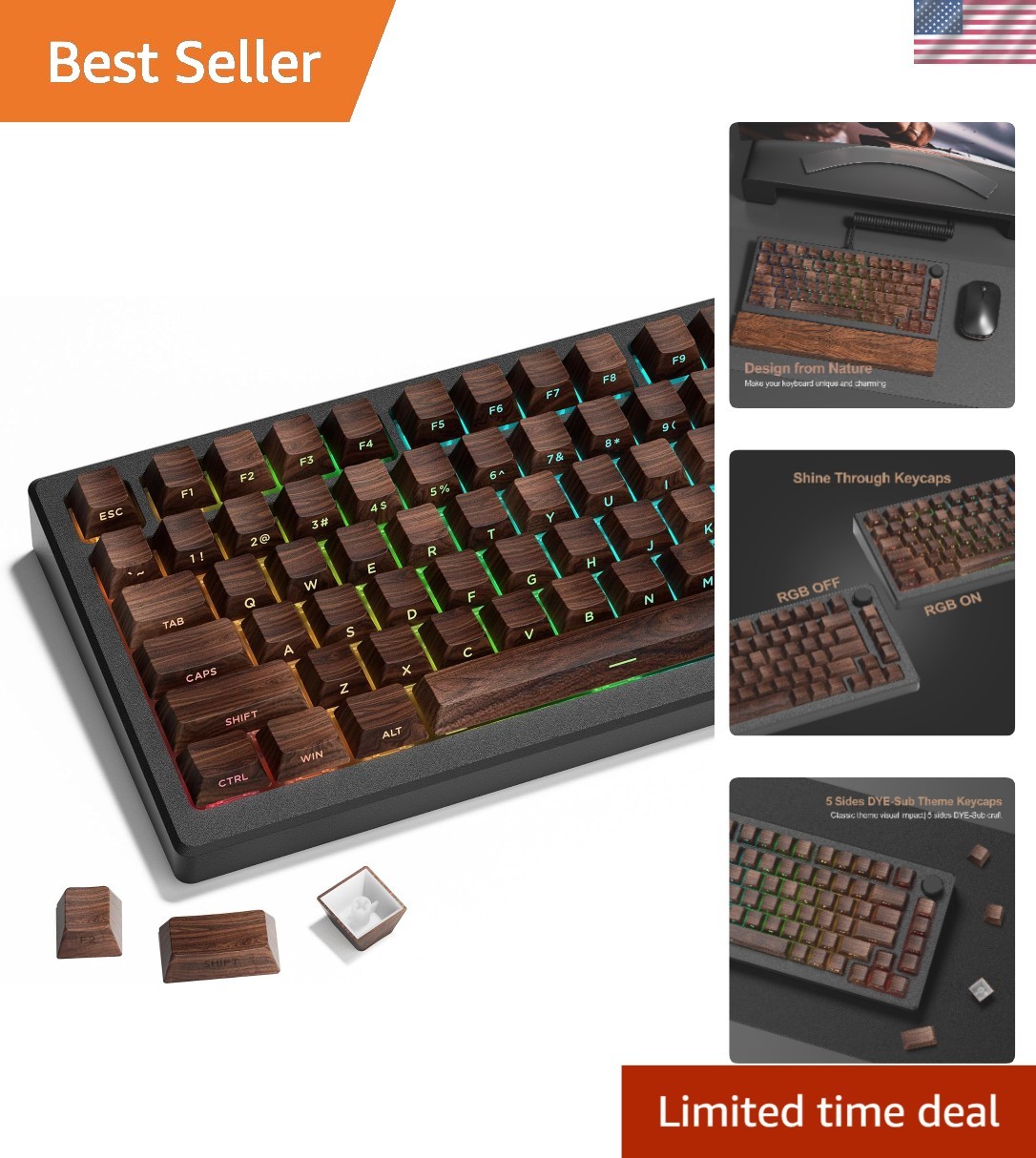 XVX Walnut Textured PBT Keycaps Set - Custom Side-Print for Mechanical Keyboards