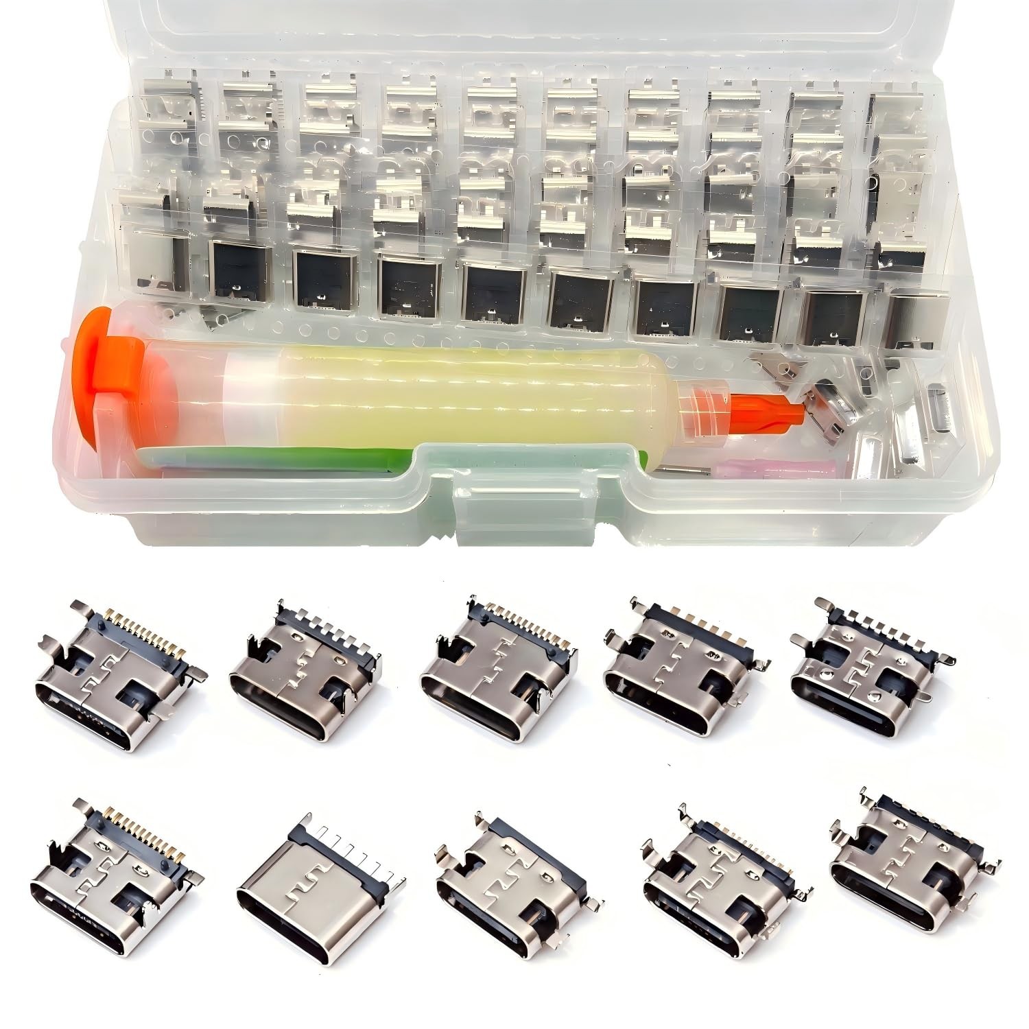 100-piece 10-Model Type-C USB 3.1 Charging Dock Port 100 Pcs Type-C, Silver