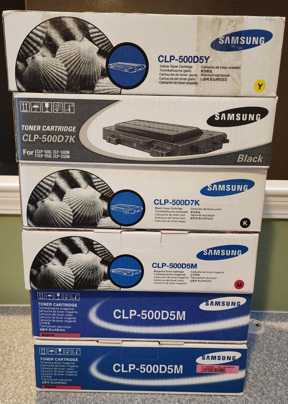New Genuine Sealed Samsung CLP-500D5M (3); CLP-500D5Y (1); ClP-500D7K (2) Toner