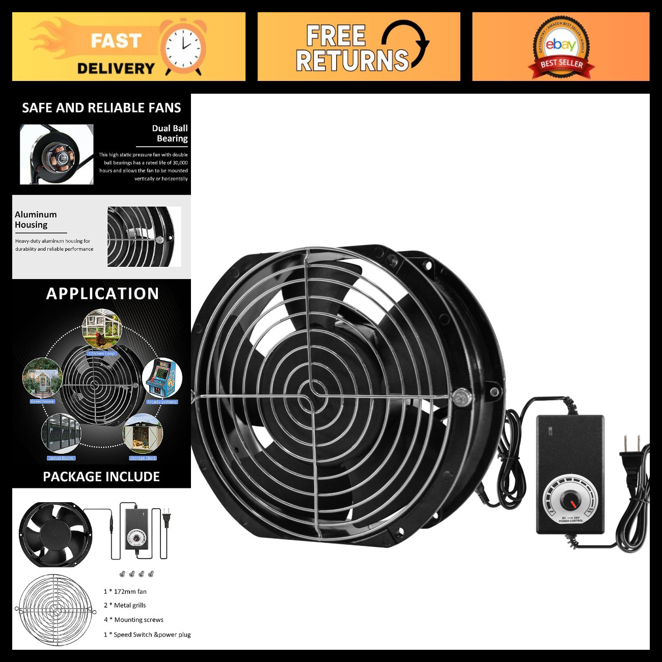 High-Speed Dual Ball Axial Ventilation Fan 172mm x 51mm Adjustable Speed Cooling