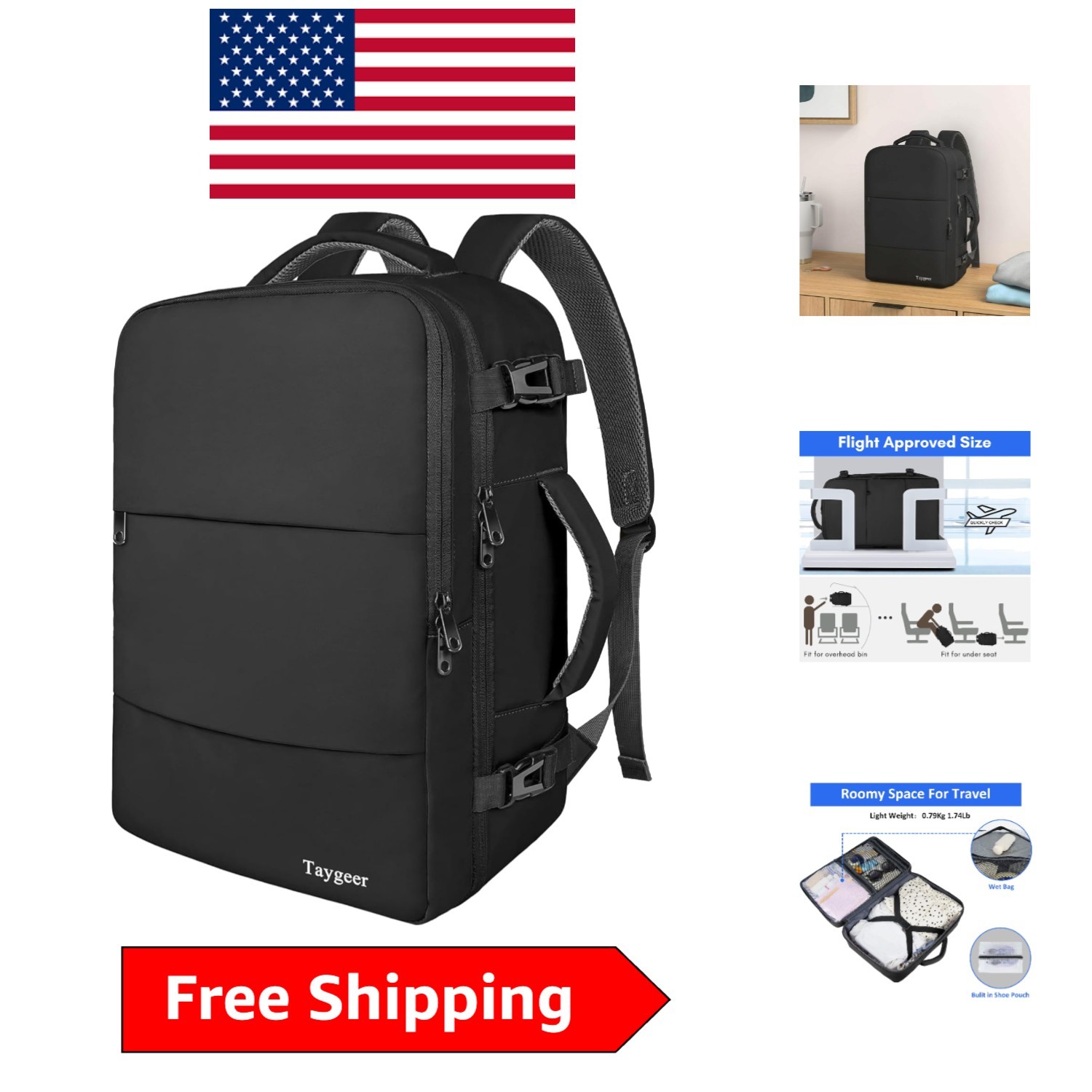 Lightweight Travel Backpack with Wet Pocket & Shoe Bag - Perfect for Air Travel