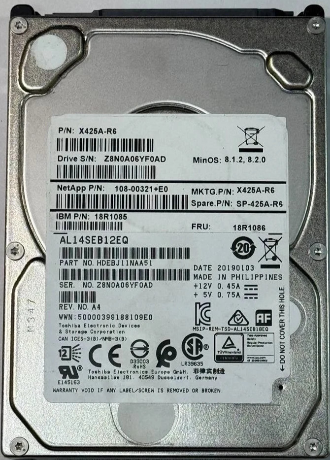 NetApp Toshiba 1.2TB 108-00321+E0 SP-425A-R6 AL14SEB12EQ 12 Gb/s SAS HDD 2.5"