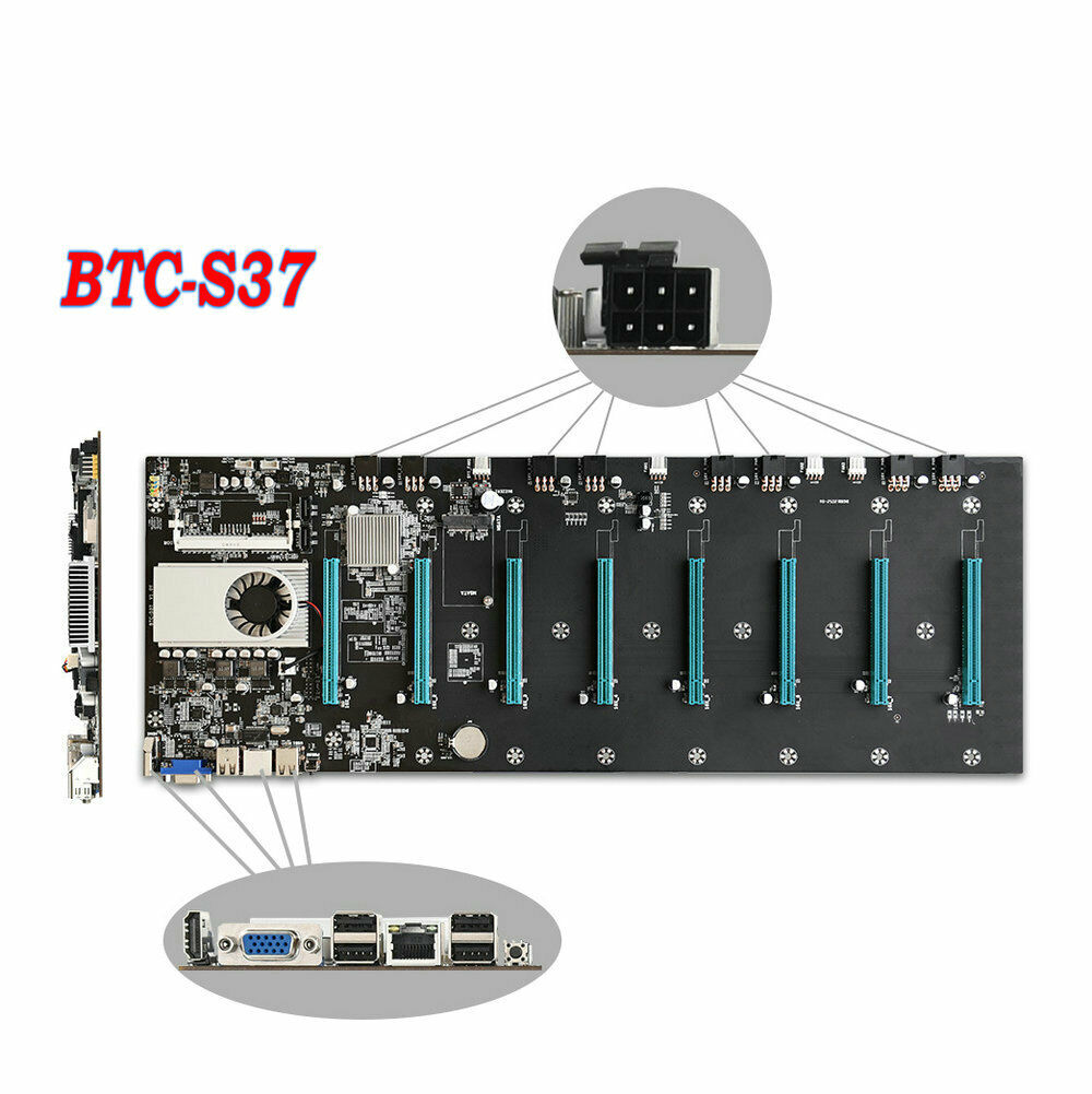 BTC-S37 Miner Motherboard 8 GPU 8 PCIE x16 Graphics Card w/ Cpu DDR3 VGA HDMI