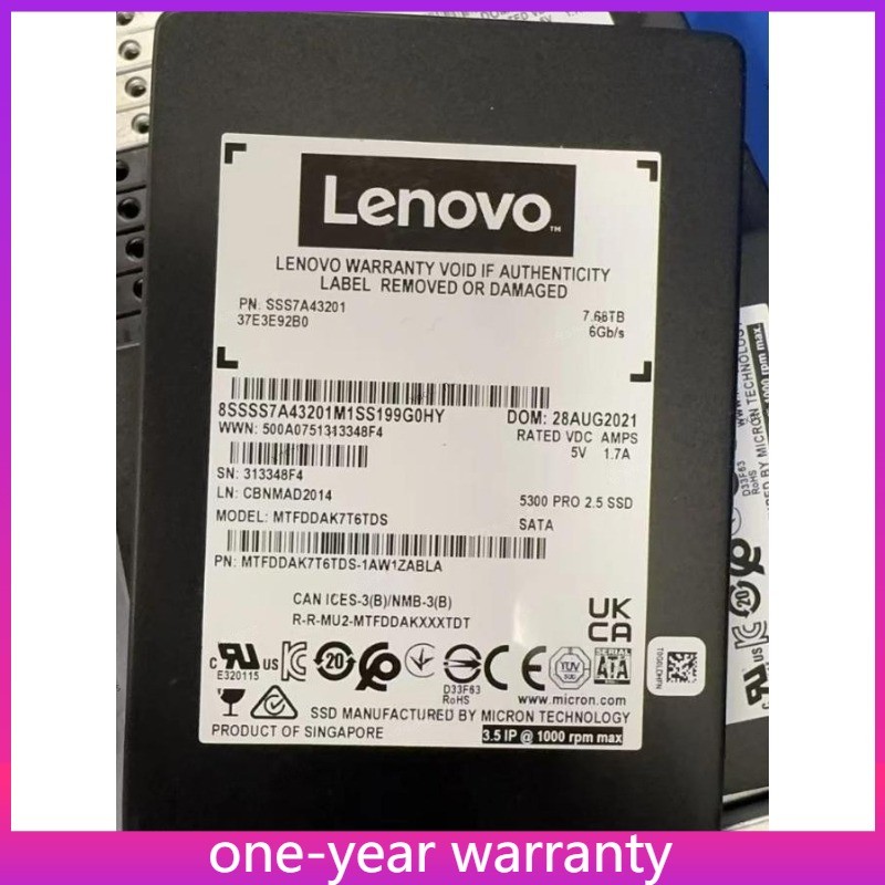  Lenovo Micron 5300 PRO, 7.68TB SSD 2.5" SATA 6Gb/s MTFDDAK7T6TDS-1AW1ZABLA New