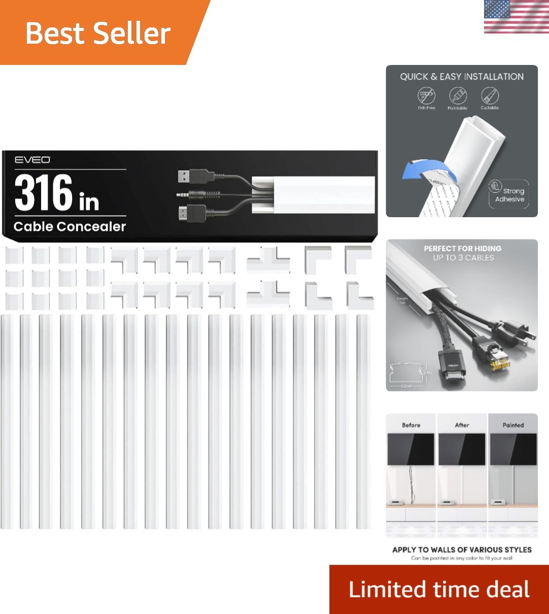 Stylish and Safe Cable Hider Wall System - 20 Self-Adhesive White Raceways
