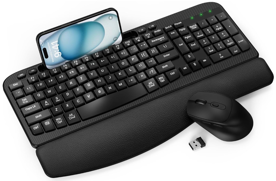 Teclado y Ratón Inalámbricos Ergonómicos Silenciosos con Reposamuñecas, Nuevo