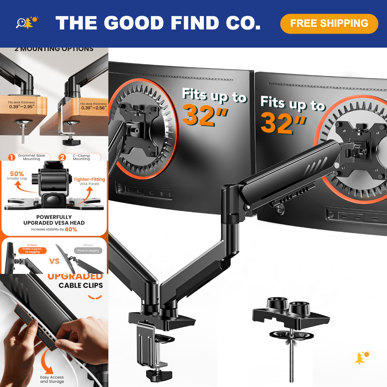 Adjustable Dual Monitor Arm Mount for 13-32" Screens, Tool-Free VESA, 19.8 lbs C