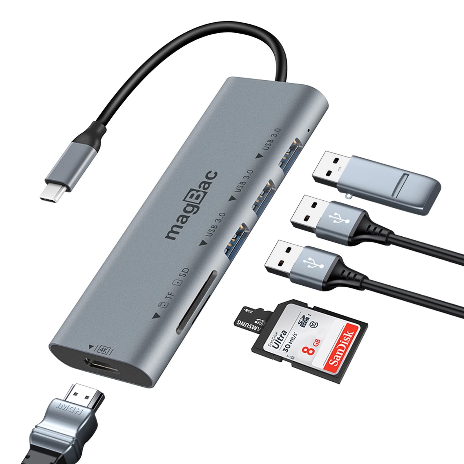 MagBac 6-in-1 Portable USB C Docking Station, 4K HDMI Display Dock,