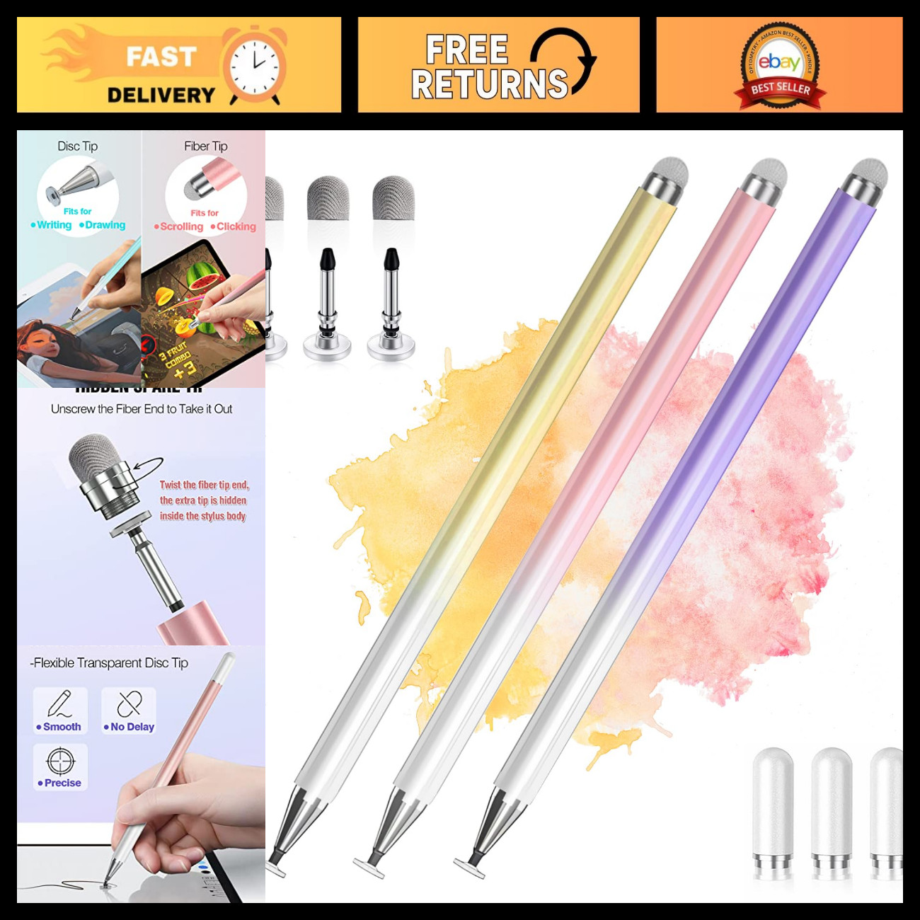 2-in-1 High Precision Stylus Pens for Touch Screens - 3 Pack Pink, Purple, Yello