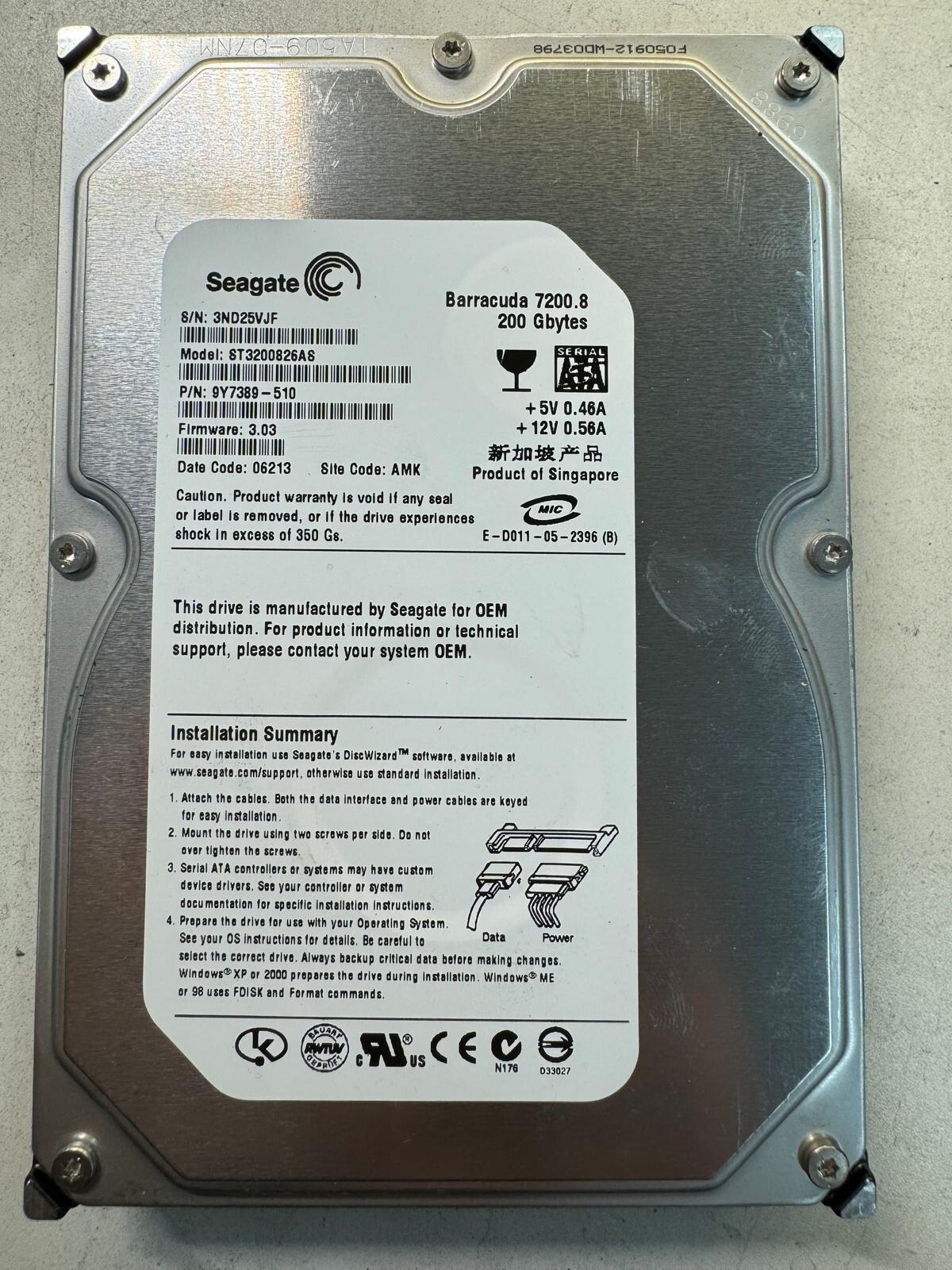 SEAGATE ST3200826AS 9Y7389-510 200GB Firmware 3.03 Code 06213 SATA 3.5" HDD
