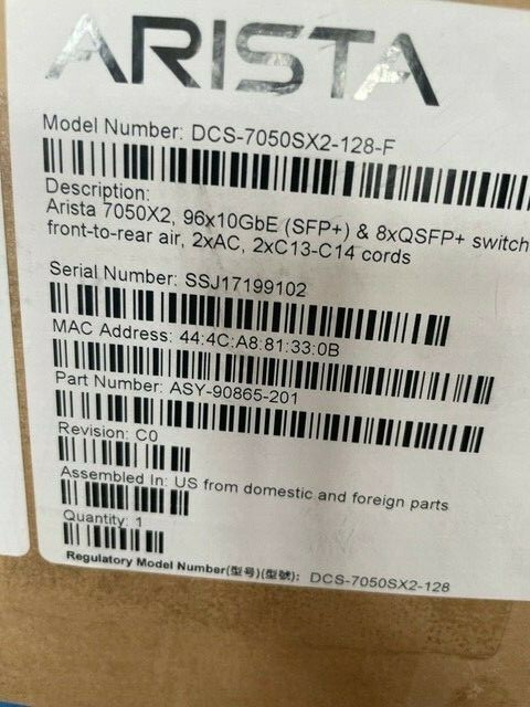 Arista DCS-7050SX2-72Q-R 48x 10GbE SFP+ 6x 40GbE QSFP+ R  F Air 2x AC Pre Owned
