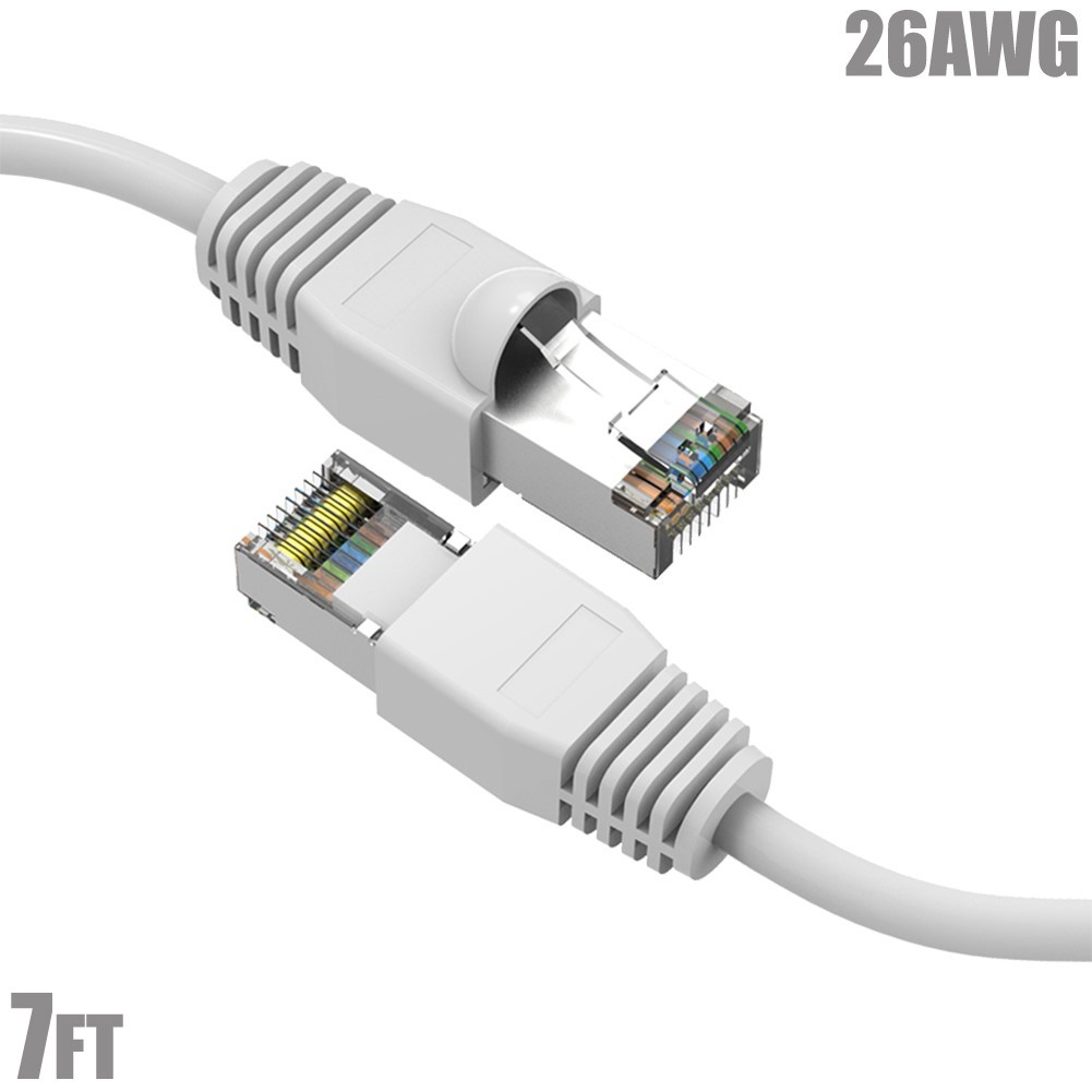 7FT Cat6A RJ45 Network LAN Ethernet SSTP Cable Shielded Copper Wire 26AWG White