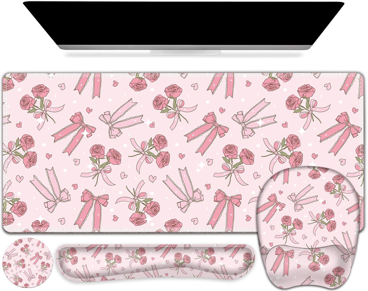 Pink Pad with Wrist 4 in1 Set, XXL Big Game Mousepad + Keyboard Wrist Rest + ...