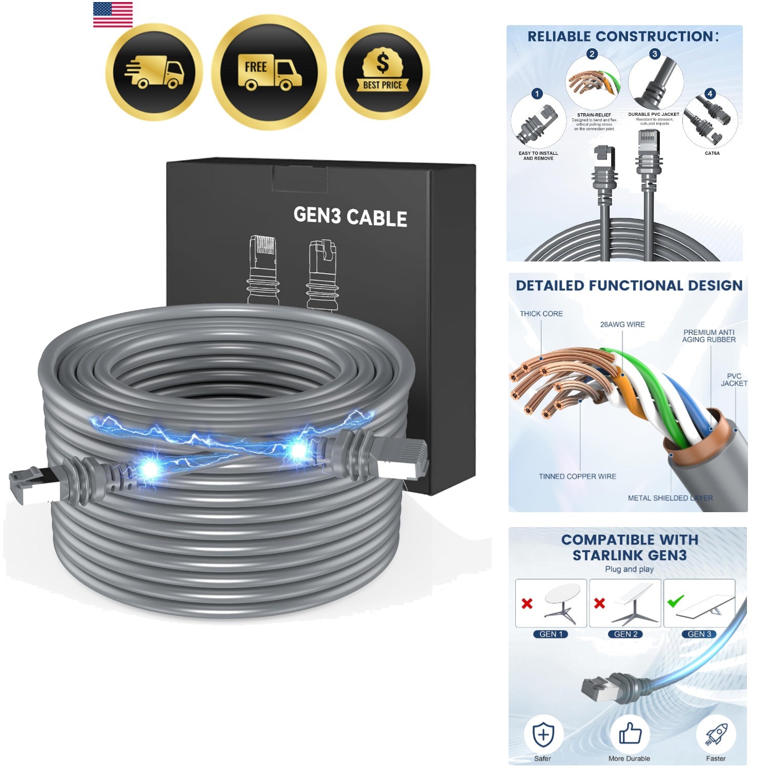 Starlink Cable 100FT/30.5M, High-Speed Starlink Cable for Satellite Starlink ...