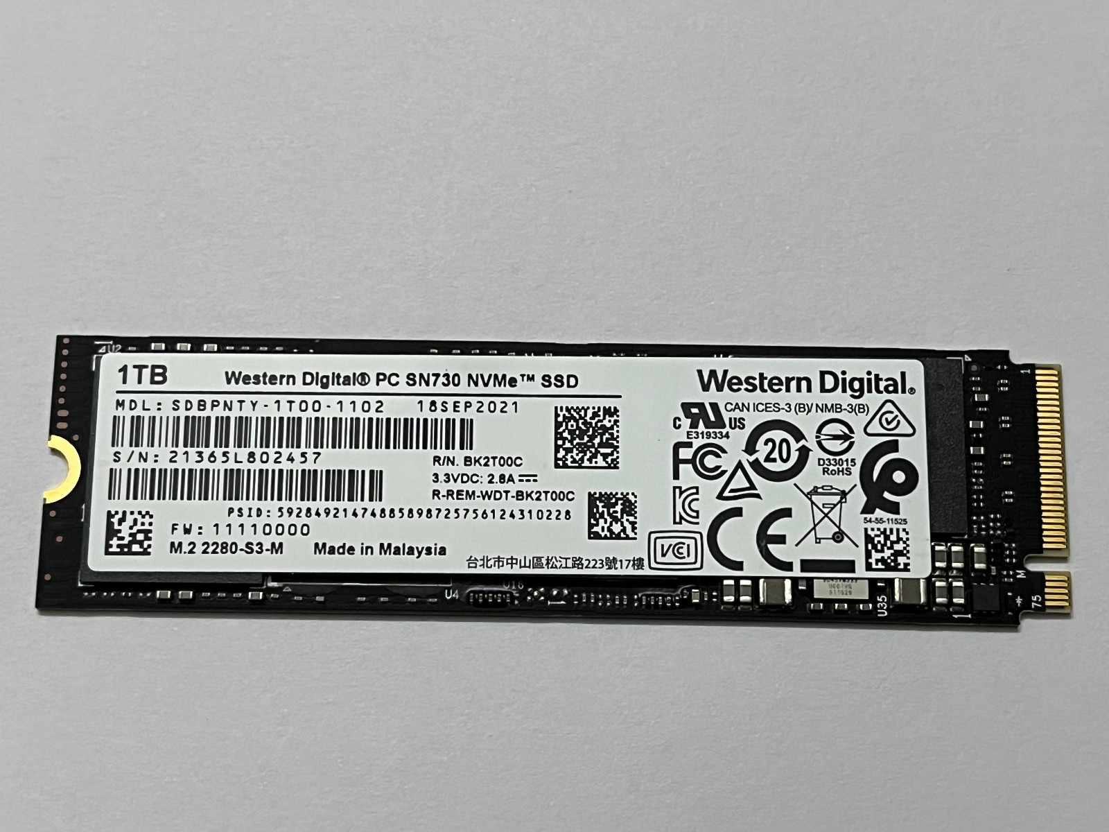 Western Digital PC SN730 SDBPNTY-1T00-1102 1TB SSD M.2 2280 NVMe PCIe 3.0 x4