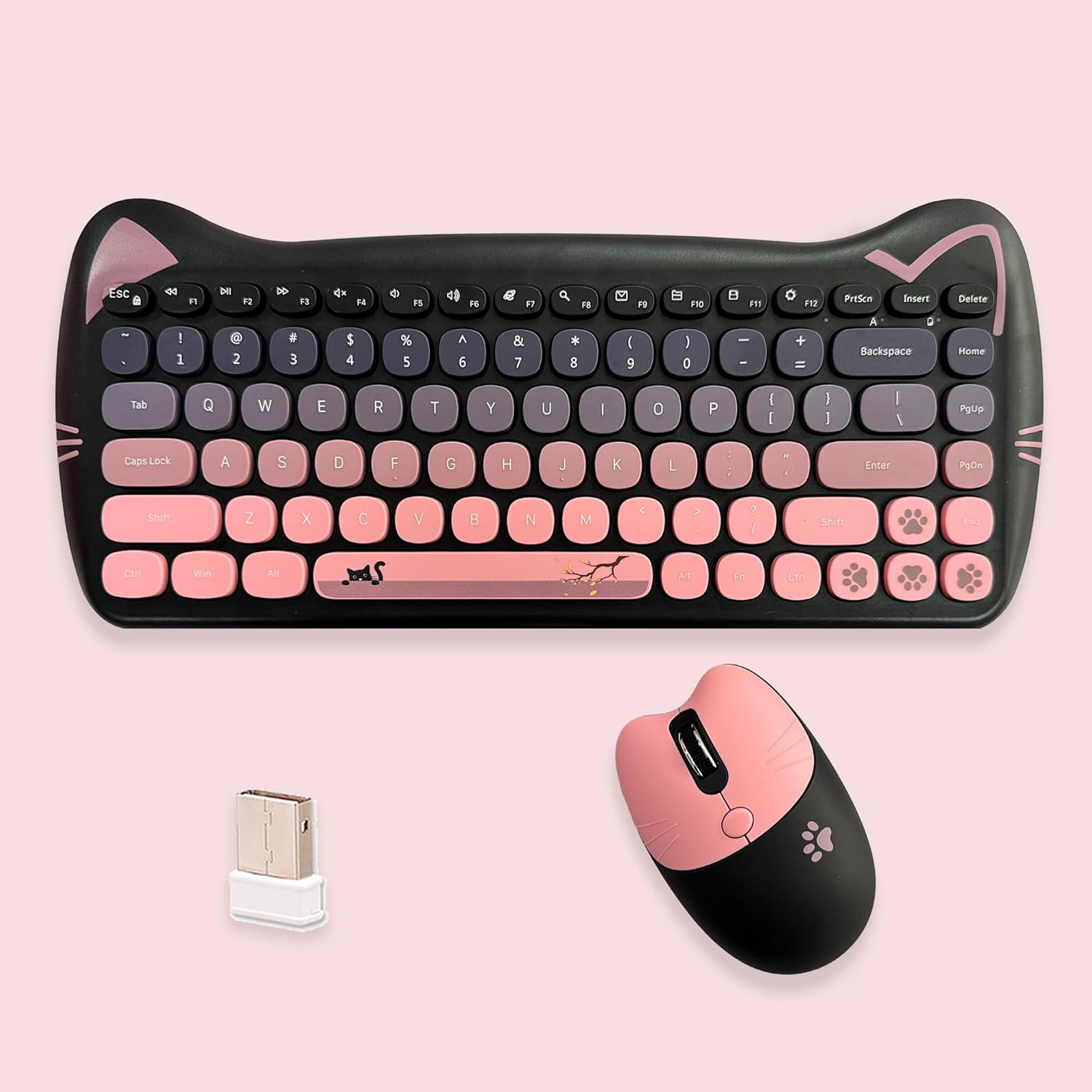 Cute Cat 2.4G USB Wireless Keyboard and Mouse Combo, Silent Keys, Candy Colors,