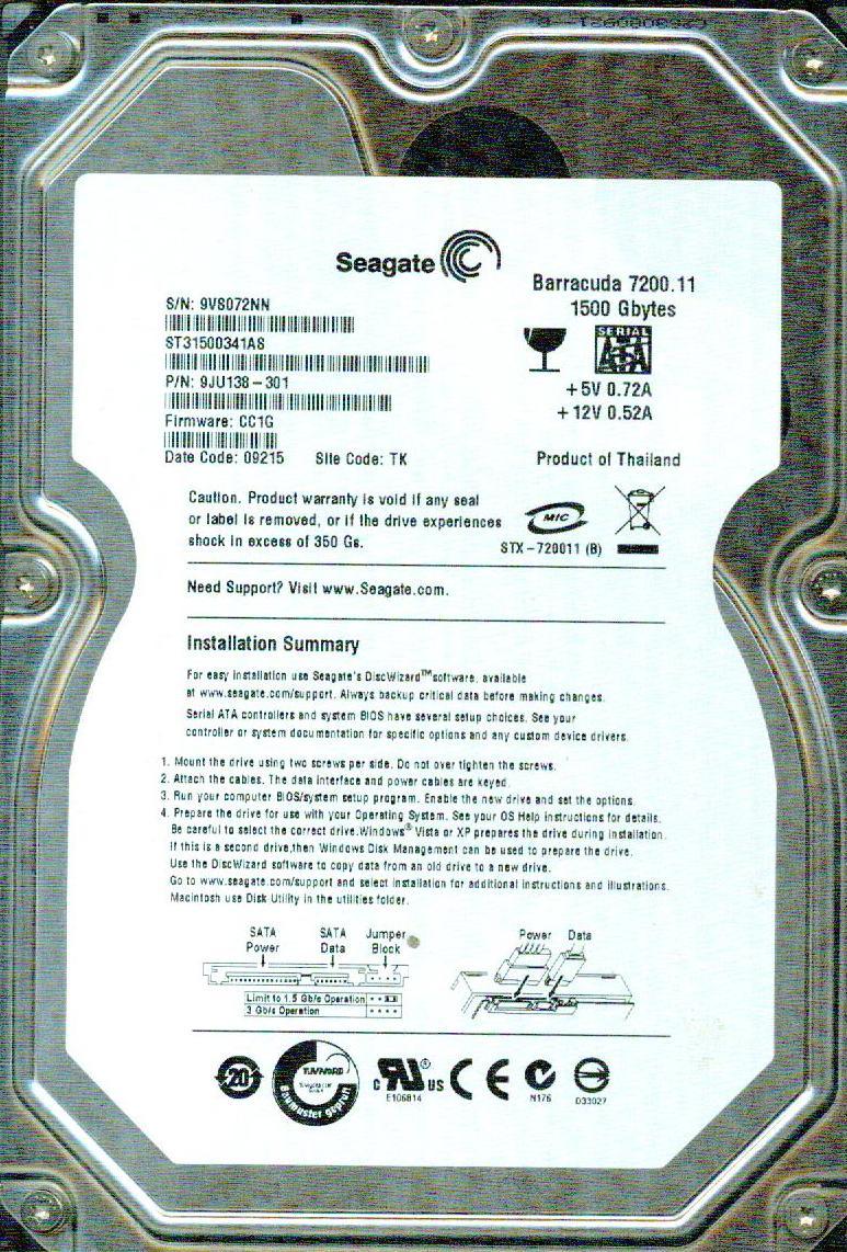 ST31500341AS, 9JU138-301,   CC1G,  TK,  9VS0   SEAGATE SATA 1.5TB 