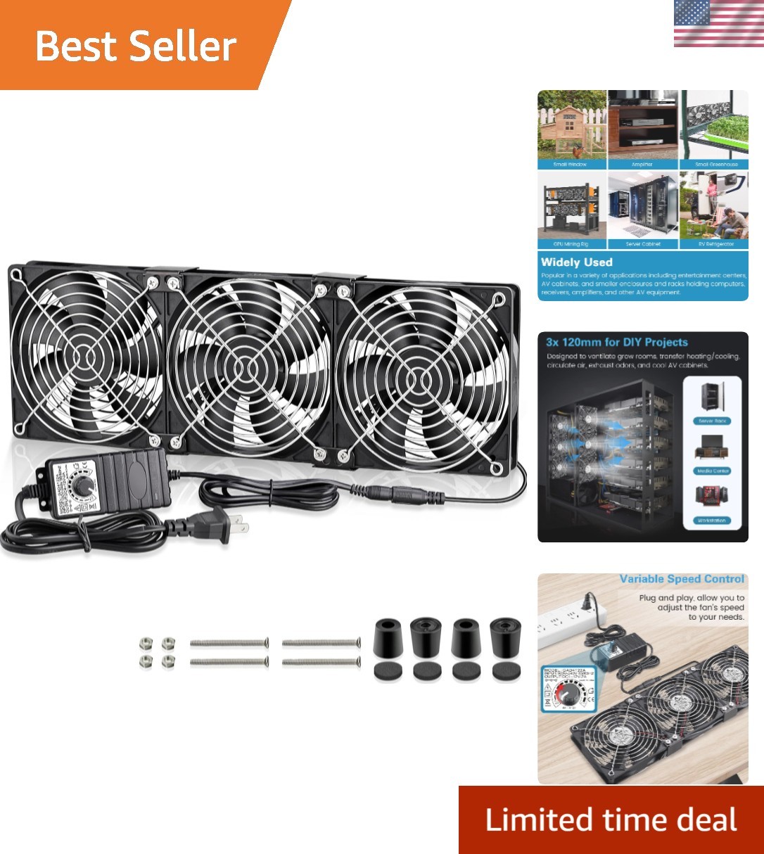 Big Airflow 3 x 120mm Fans DC 12V Powered Fan with AC 110V - 240V Speed Contr...