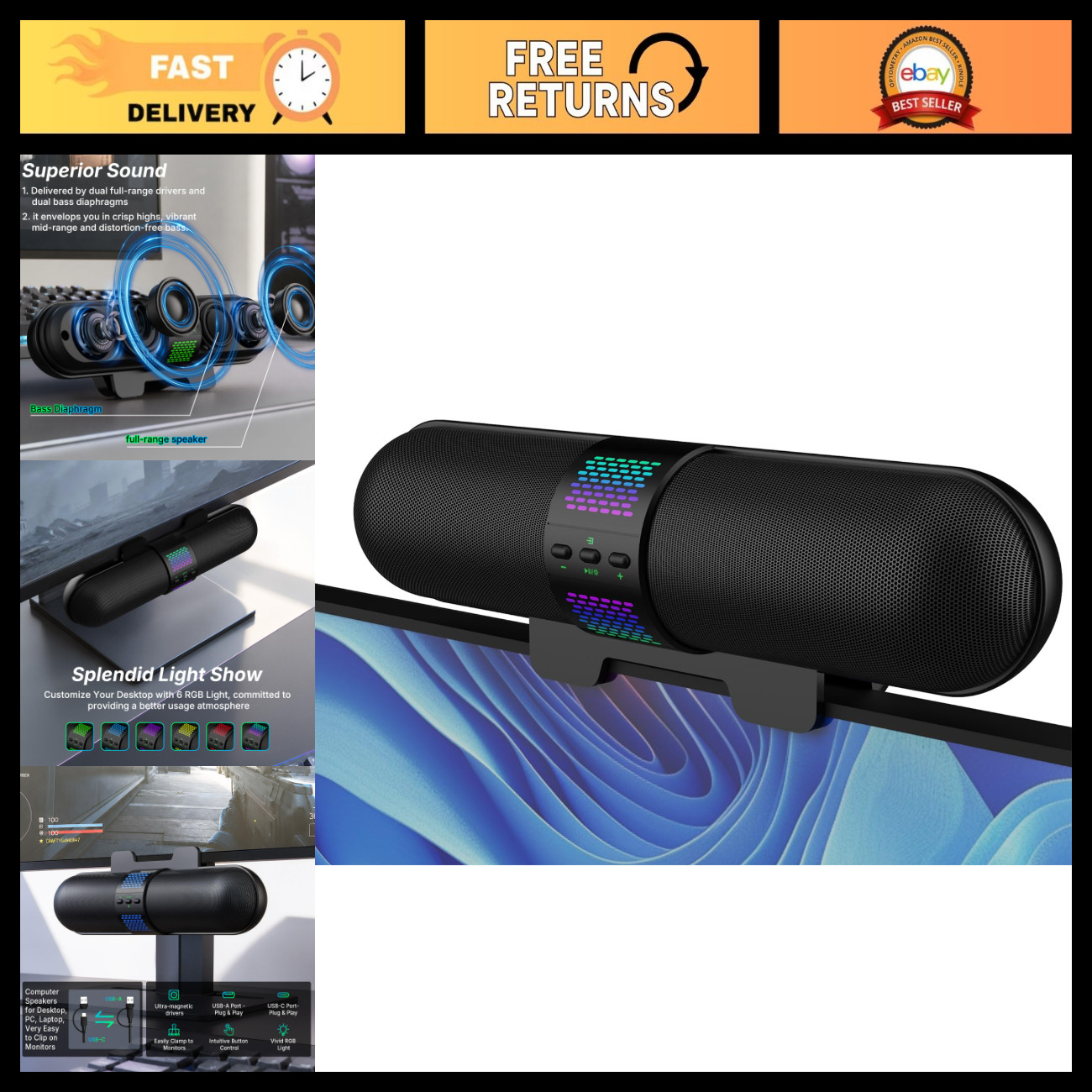 Upgraded Bluetooth 5.3 Gaming Soundbar, RGB Lights, Auto L/R Swap, PC/Desktop Sp