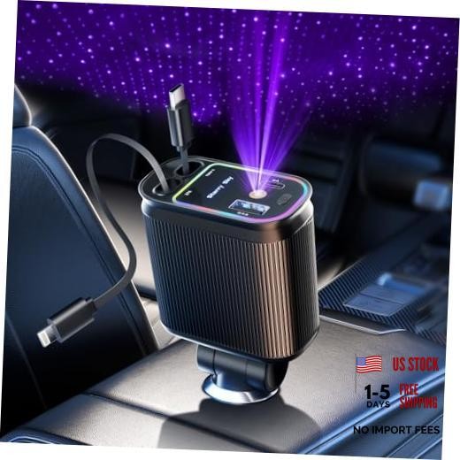 Retractable Car Charger with Starlight, 66W Starlight Apple & Type C Deep Black