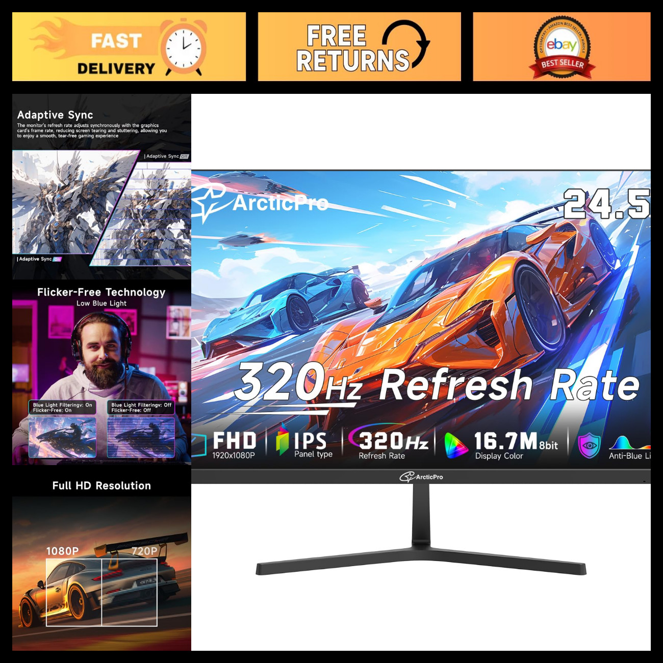 24.5" Gaming Monitor 320Hz 300Hz 240Hz, 1080p Full HD IPS, Ultra-Fast Response