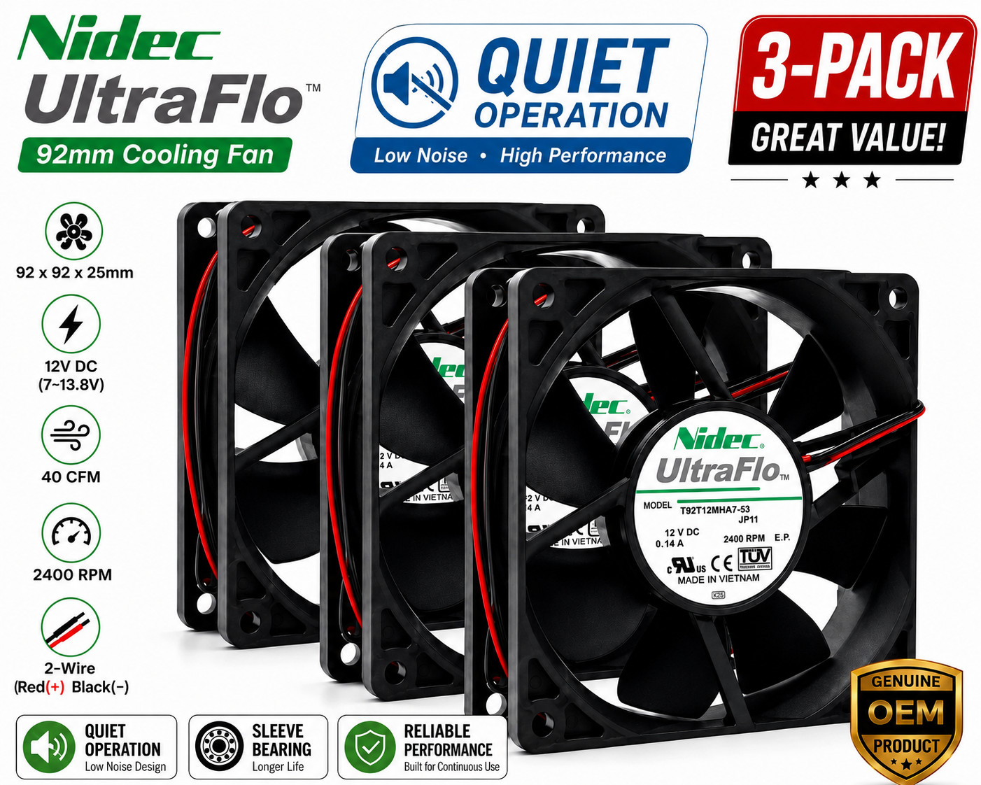 Nidec 92mm Quiet Cooling Fan 92x92x25mm DC 12V (7-13.8V) 40 CFM 2400 RPM 3-Pack