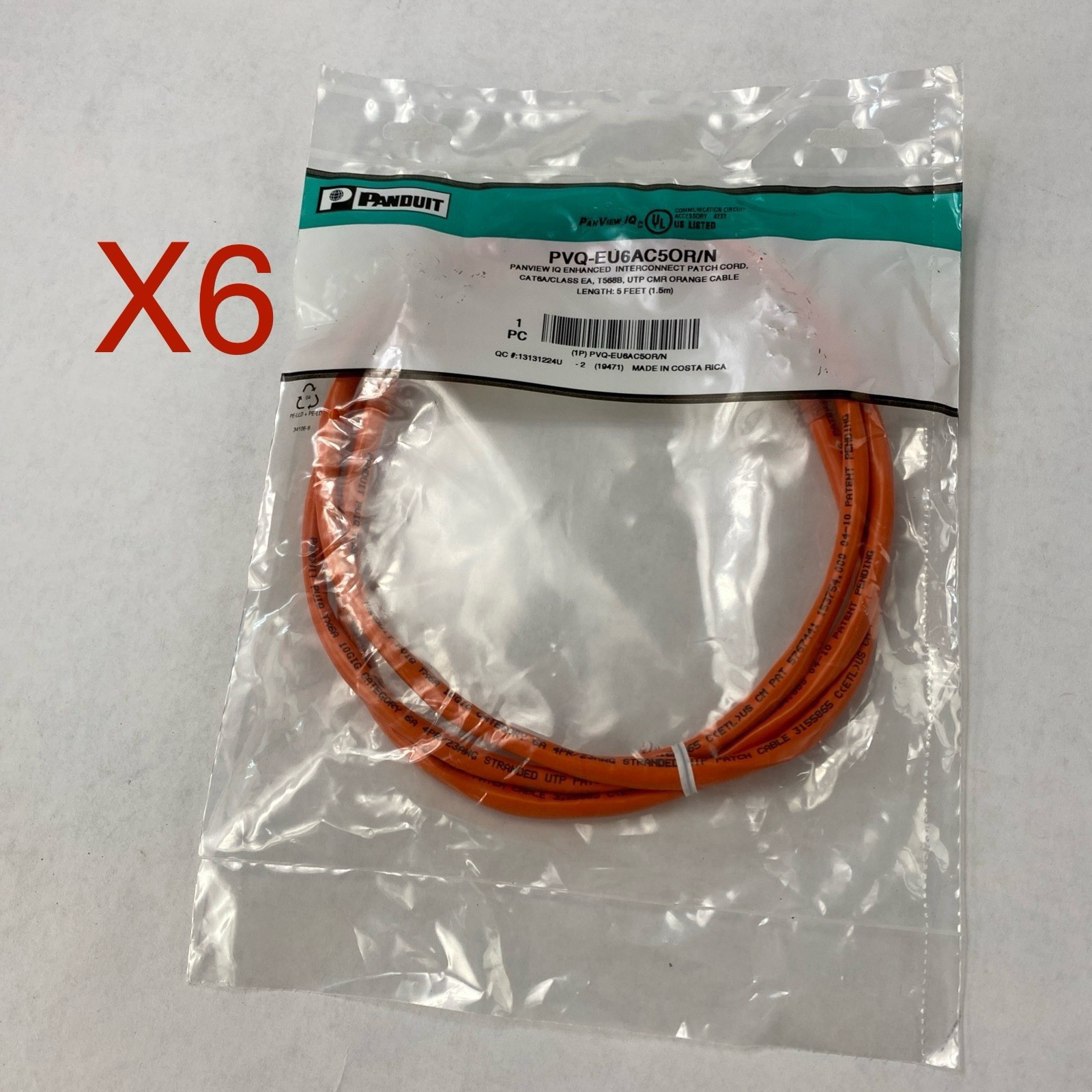 Enhanced Patch Cord CAT 6A PVQ- EU6AC10WH Panview Orange Cable IQ 5FT - Lot of 6