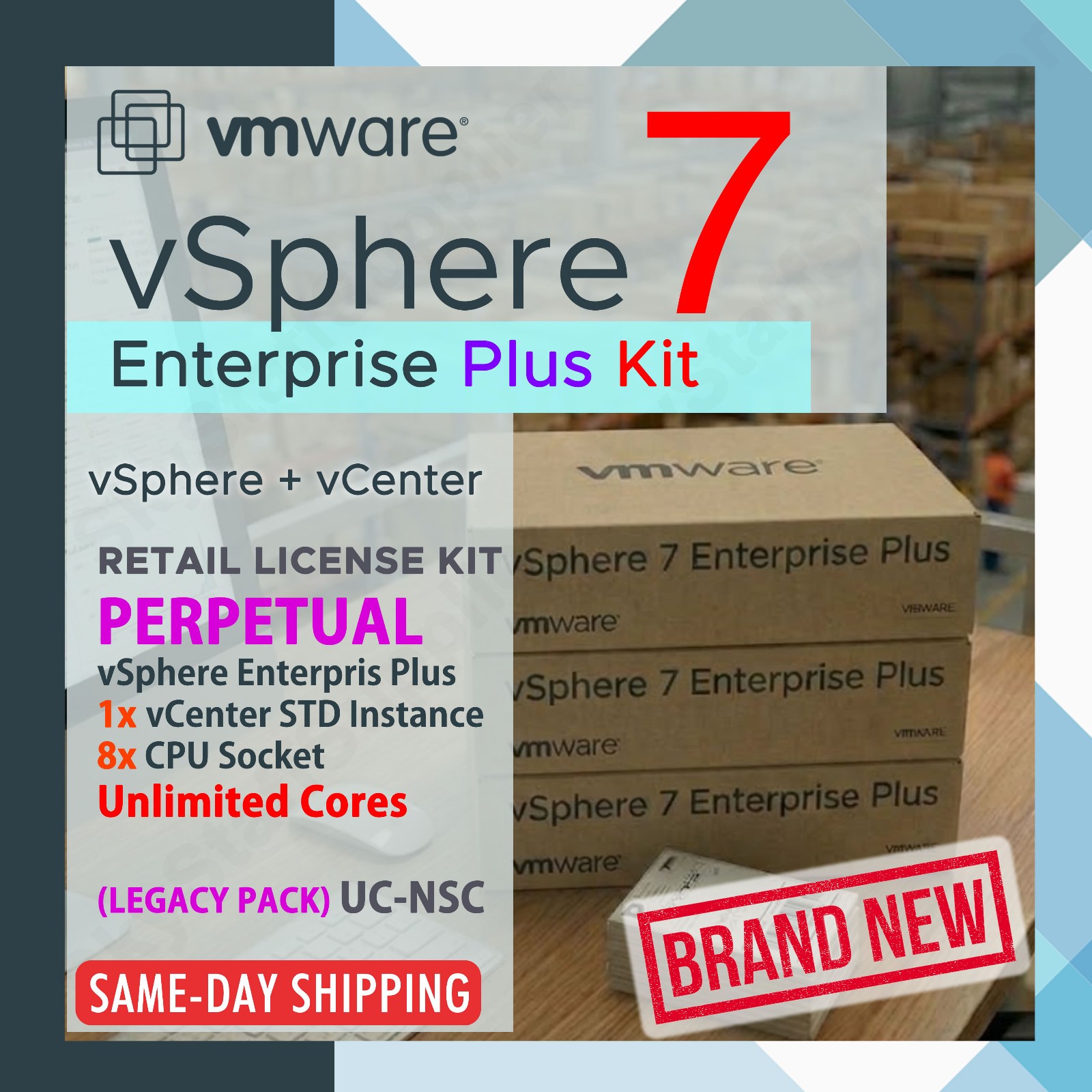 VMware vSphere 7 Enterprise Plus 8 CPU License Kit with vCenter Standard, NEW