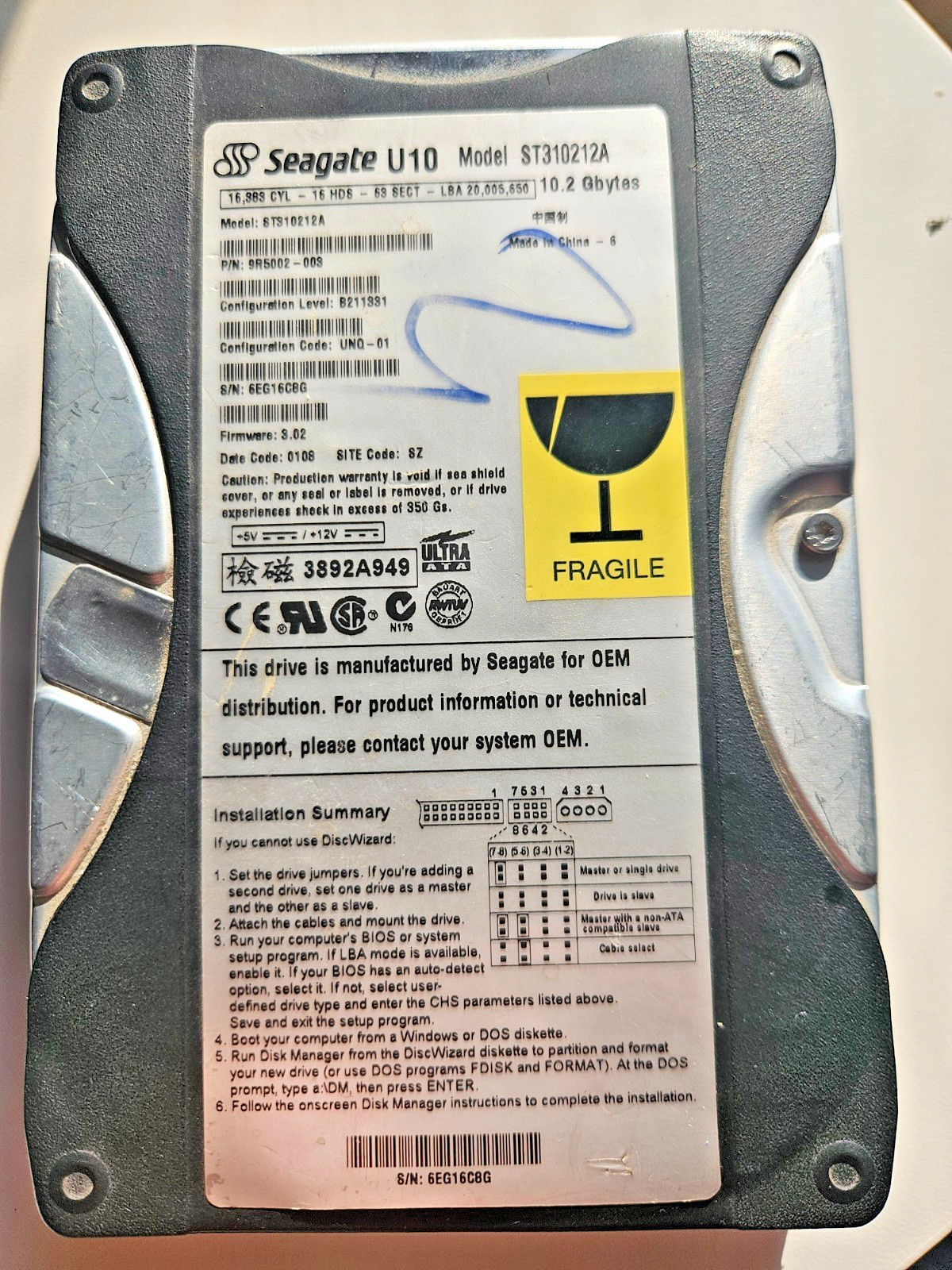 Seagate U10 10.2GB 3.5" ATA/IDE HDD ST310212A — Vintage ~2001, Tested