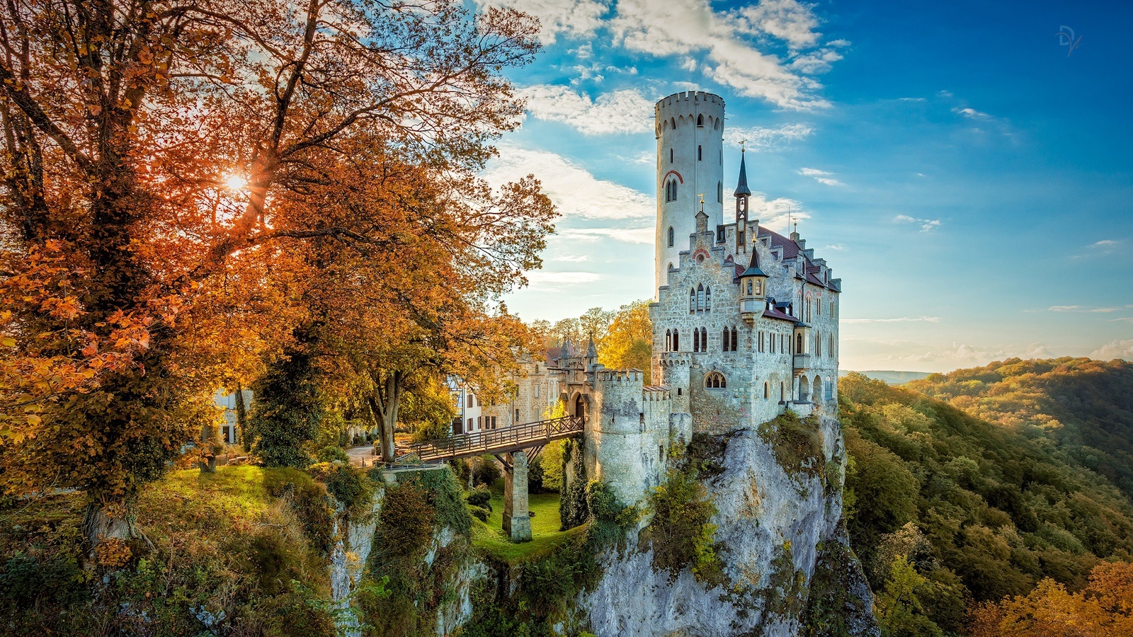 Landscape r nature cliff fall trees sunlight castle Custom Gaming Mat Desk