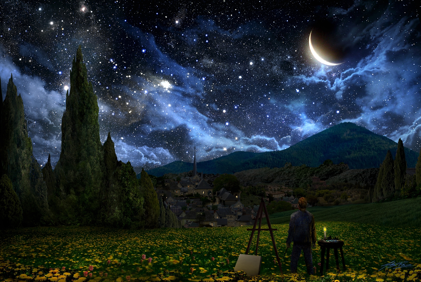 Landscape vincent van gogh the starry night crescent Custom Gaming Mat Desk
