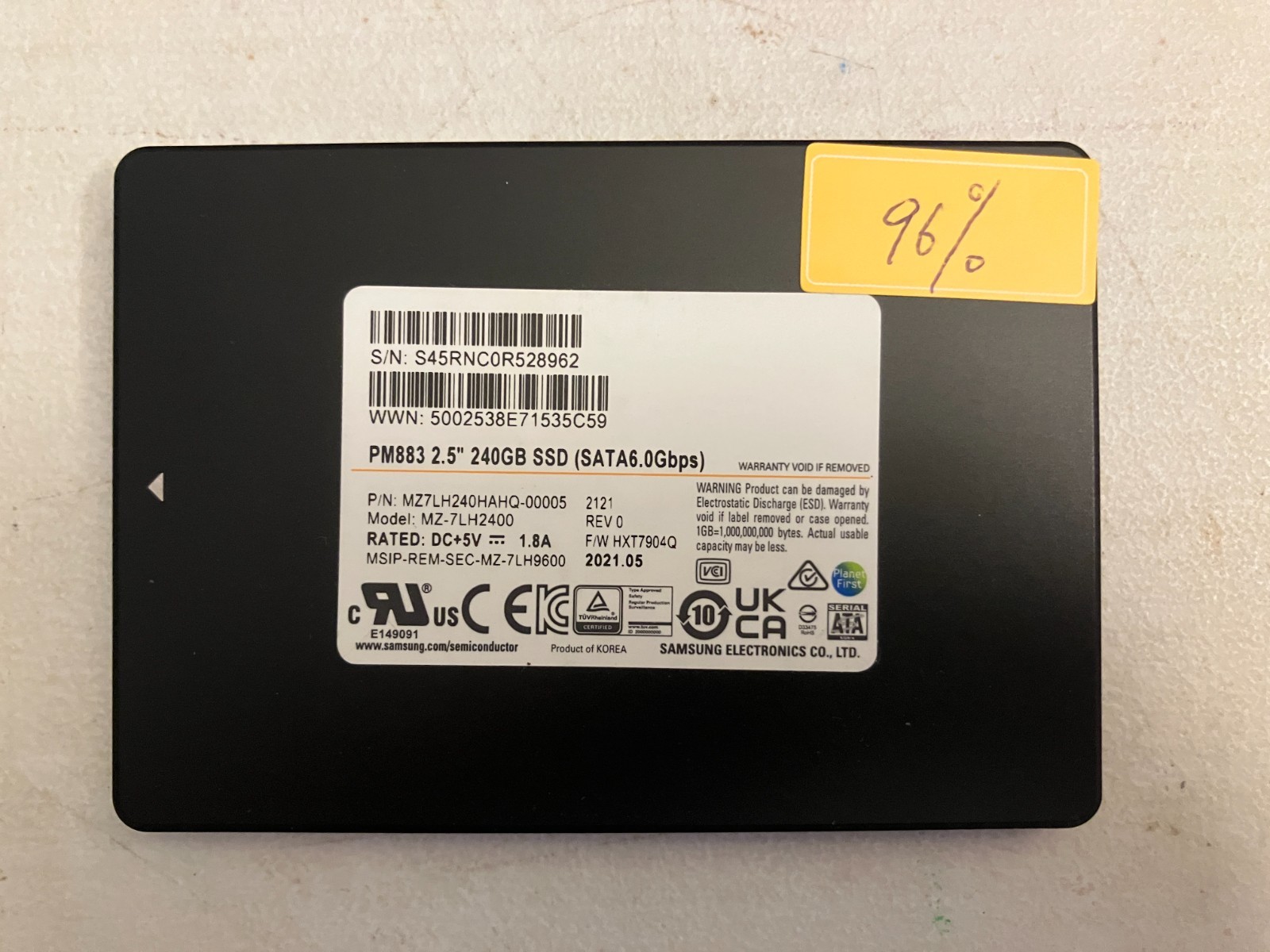 Samsung PM883 240GB 2.5" SATA III Enterprise SSD (MZ-7LH2400) - 96% Health