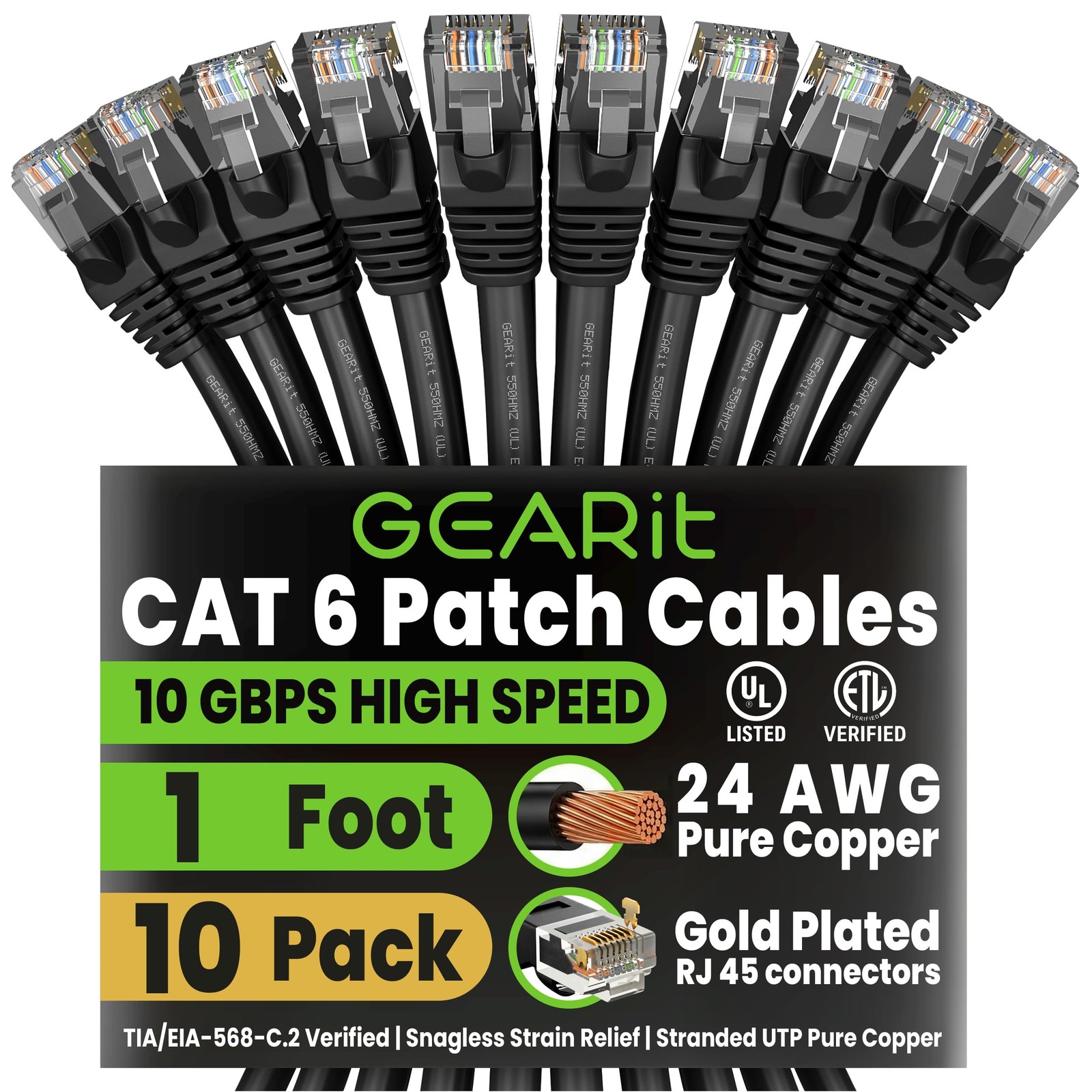 10 PCS Black Cat6 Patch Cables Cat 6 Ethernet Cable 1 FT Network Wire
