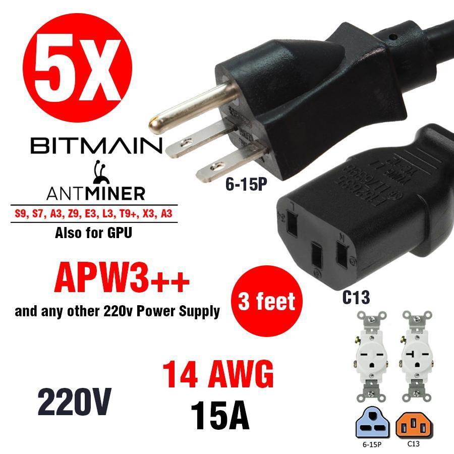 5 Units of Bitmain Antminer Power cable cord Heavy Duty (3FT) 14 AWG NEMA 6-15P 